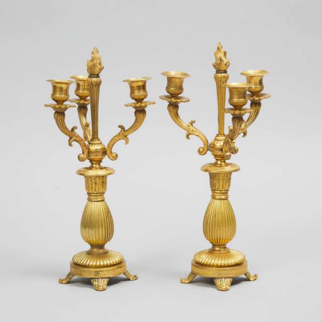 Pair of French Empire Style GIlt Bronze Three Light Candelabra, 19th/early 20th century
