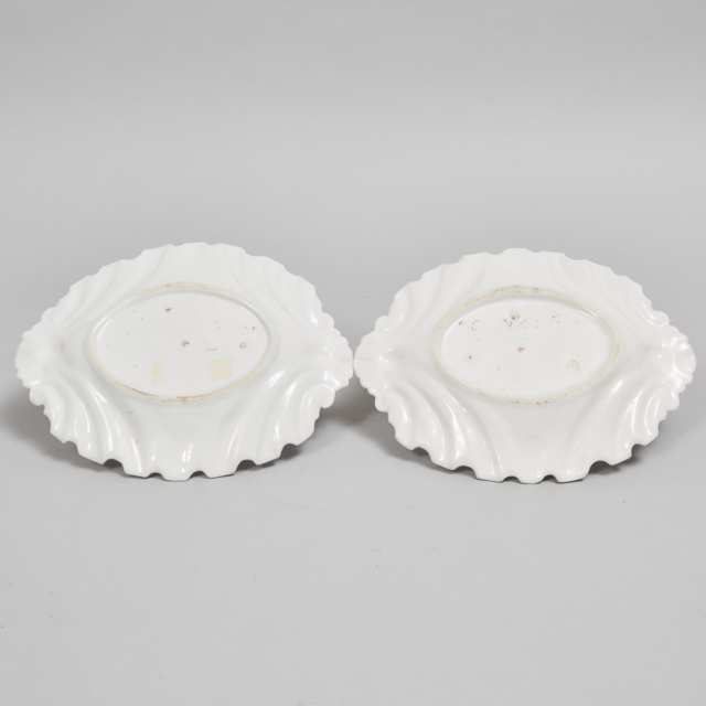 Pair of Chelsea Fruit Painted Shaped and Moulded Oval Dishes, c.1755