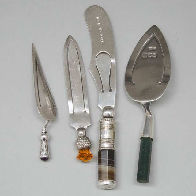 Four Mainly Edwardian Hardstone, Amethyst and Citrine Mounted Silver Bookmarks, London and Birmingham, c.1898-1916