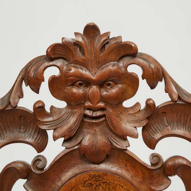Swiss 'Black Forest' Carved and Inlaid Walnut Musical Chair, c.1900