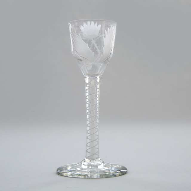 Jacobite Engraved Opaque Twist Stemmed Wine Glass, c.1765