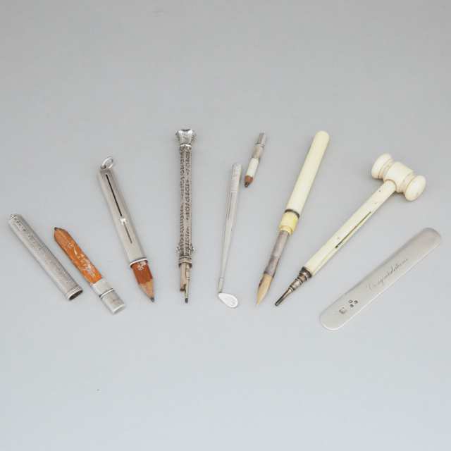 Collection of Victorian and Later Silver and Ivory Mechanical Pens, Pencils and a Letter Opener, late 19th/early 20th century