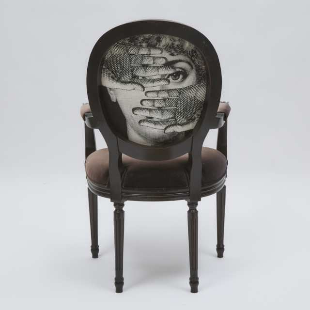 Louis XIV Style Ebonized Fauteuil with Fornasetti Upholstery, 20th century