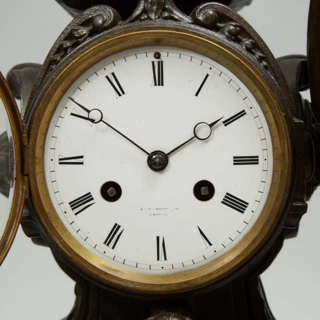 Large French Belgian Black Marble and Bronzed Metal Figural Mantle Clock, c.1860