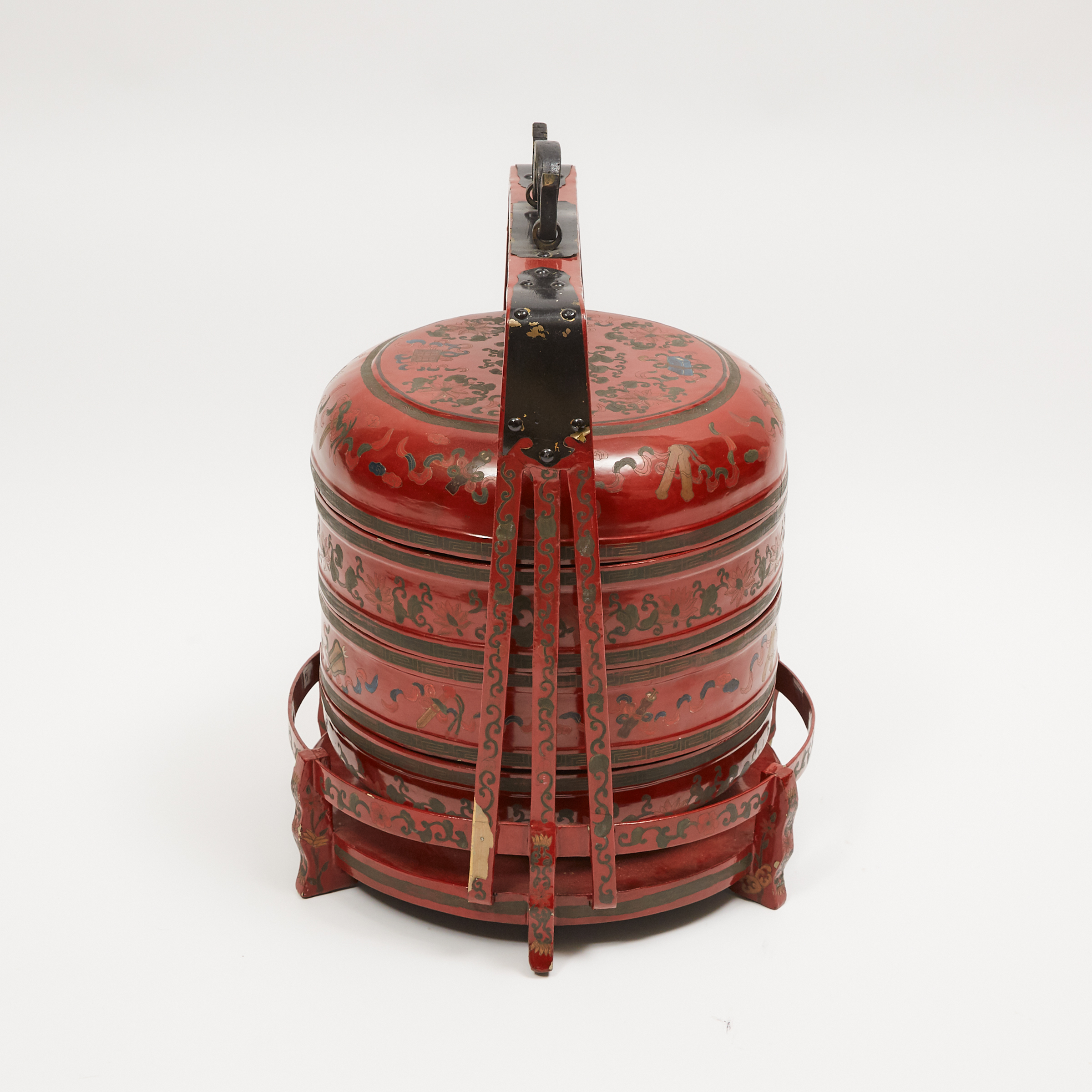 Large Chinese Red Lacquer Wedding Basket on Stand, 20th century