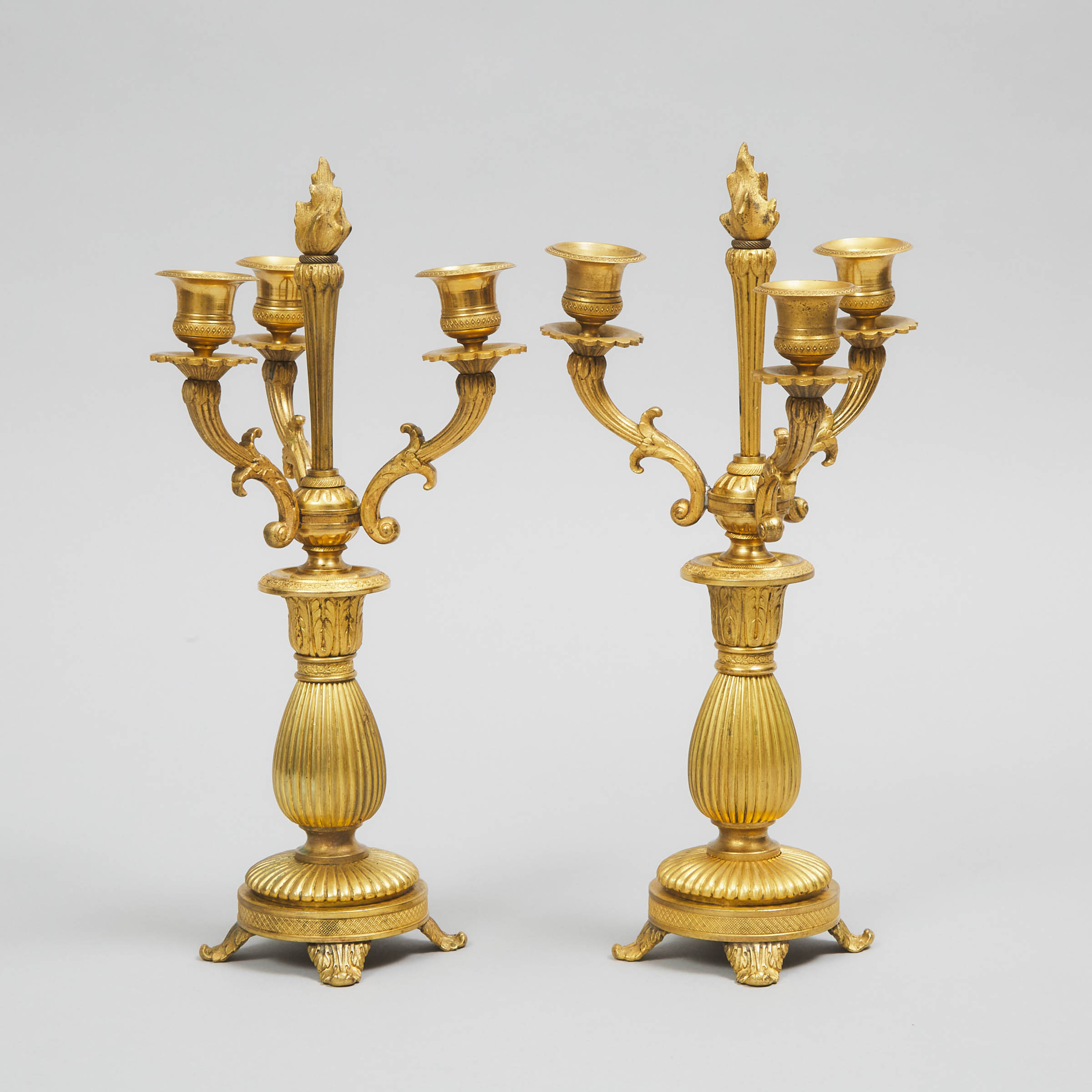 Pair of French Empire Style GIlt Bronze Three Light Candelabra, 19th/early 20th century