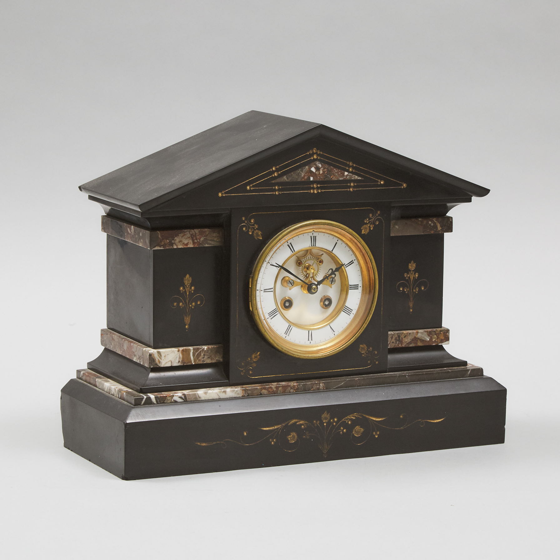 French Belgian Black Slate and Marble Mantel Clock. c.1880
