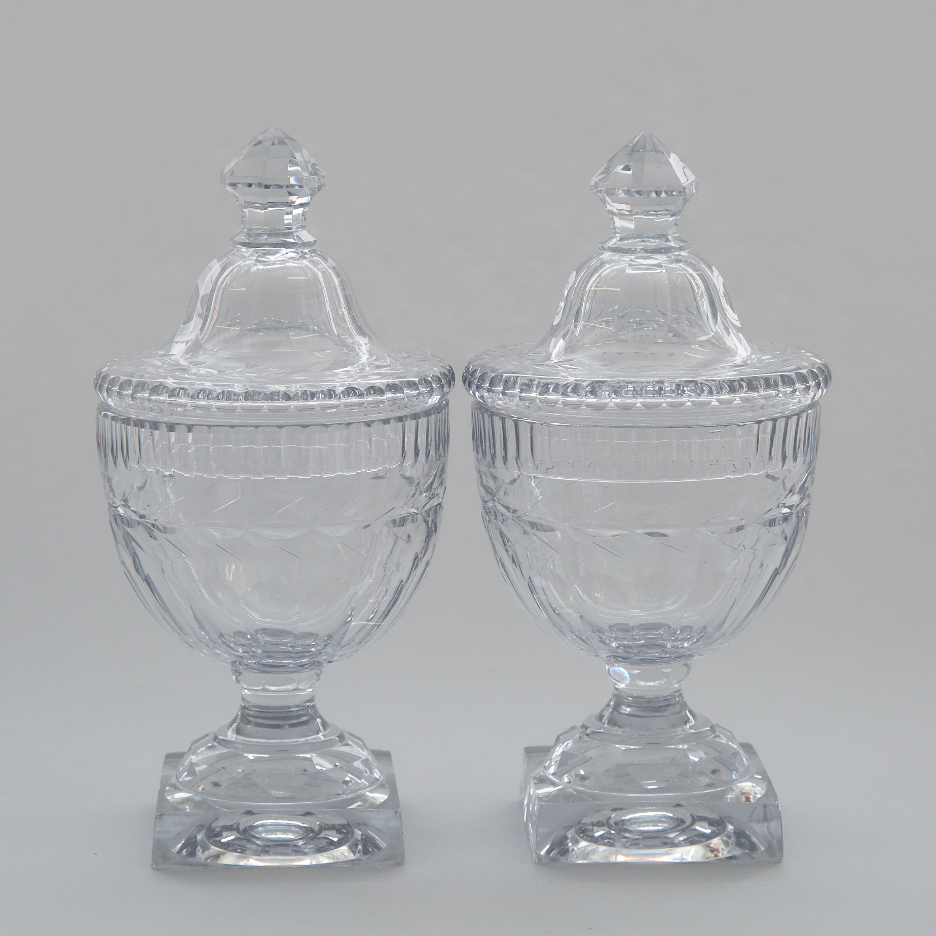 Pair of Anglo-Irish Cut Glass Sweetmeat Vases and Covers, 19th century