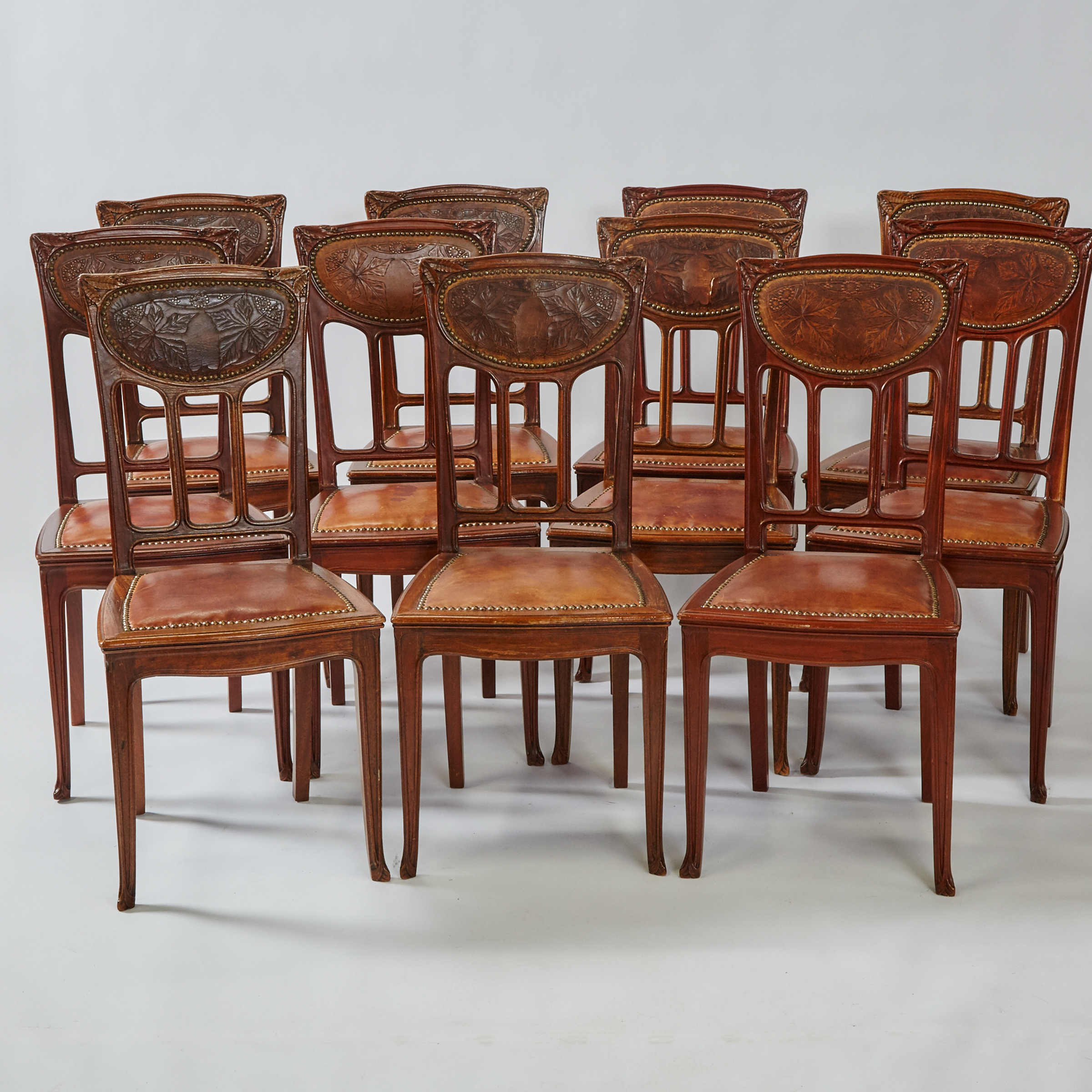 Set of Eleven French Art Nouveau Carved Mahogany Dining Chairs, 19th/early 20th century