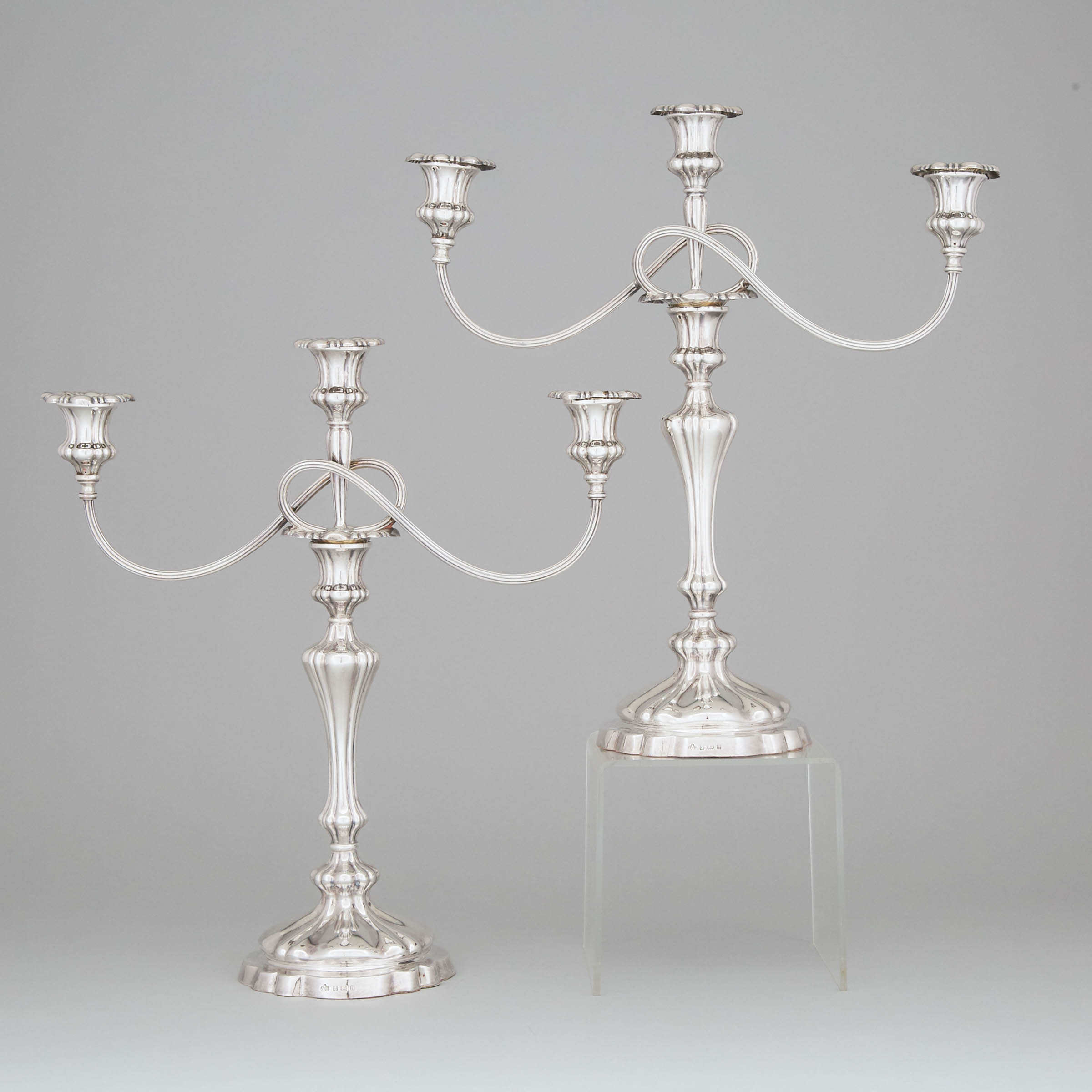 Pair of Edwardian Silver Three-Light Candelabra, Elkington & Co., Birmingham, 1907