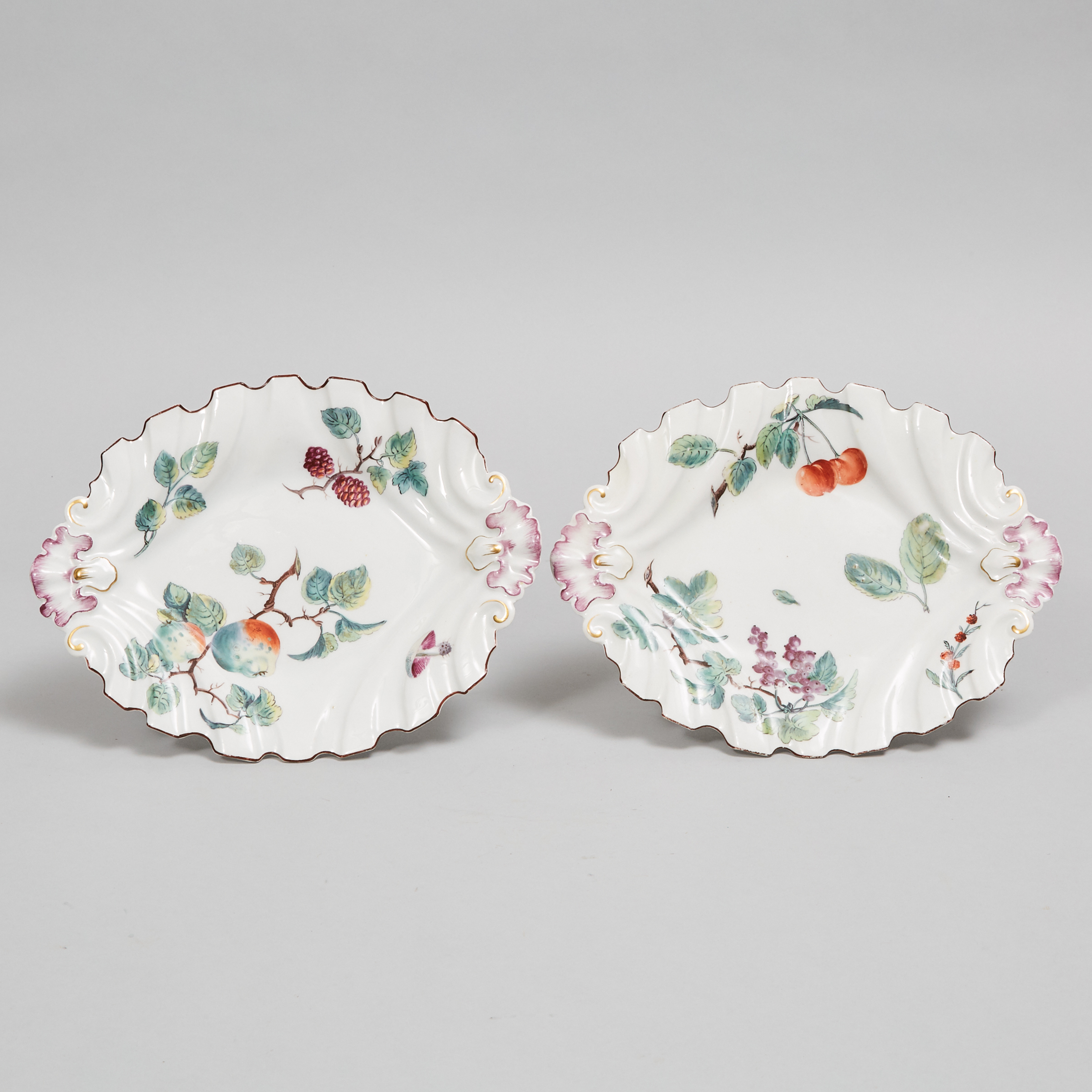 Pair of Chelsea Fruit Painted Shaped and Moulded Oval Dishes, c.1755
