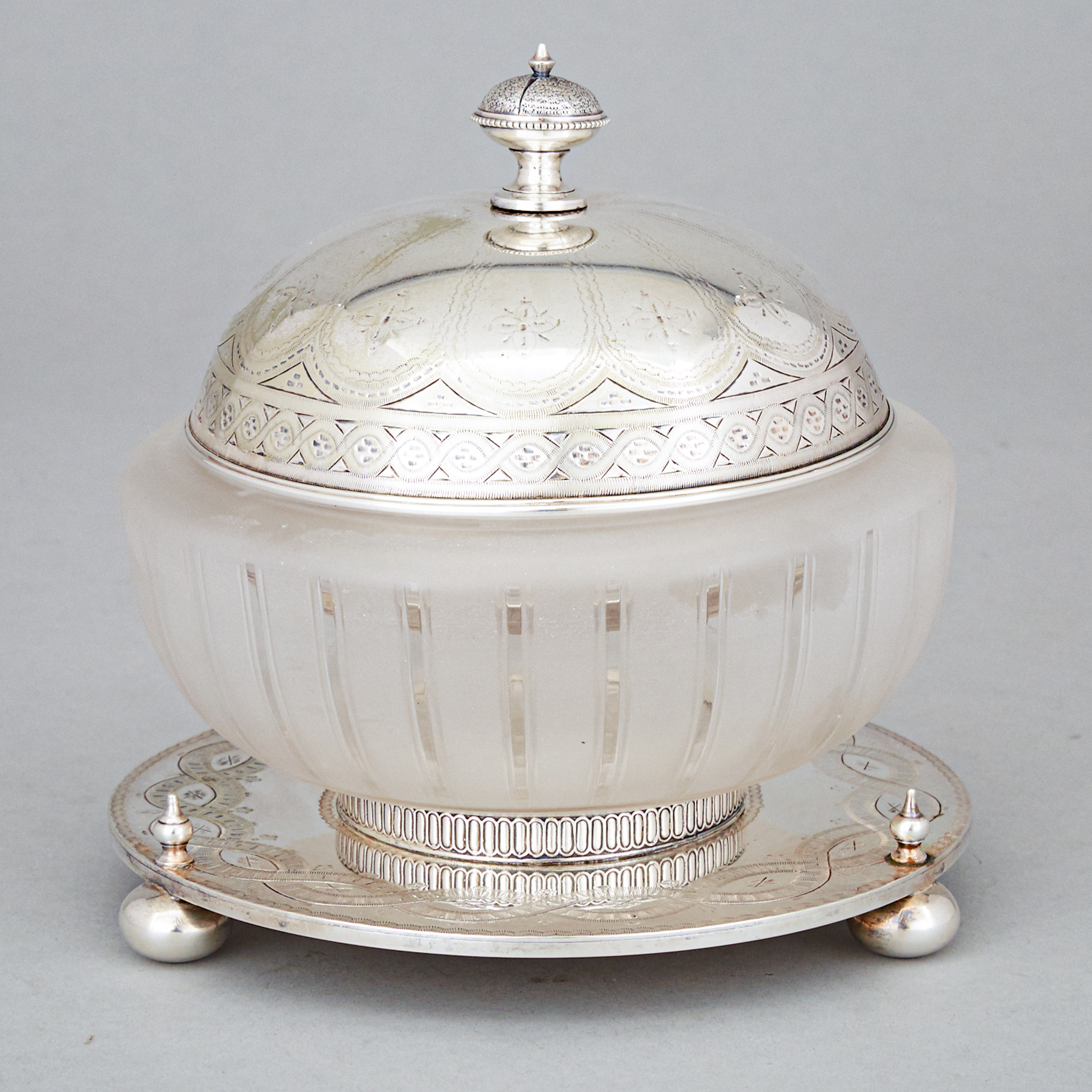 Victorian Silver Plated and Etched Glass Caviar Dish with Cover and Stand, late 19th century