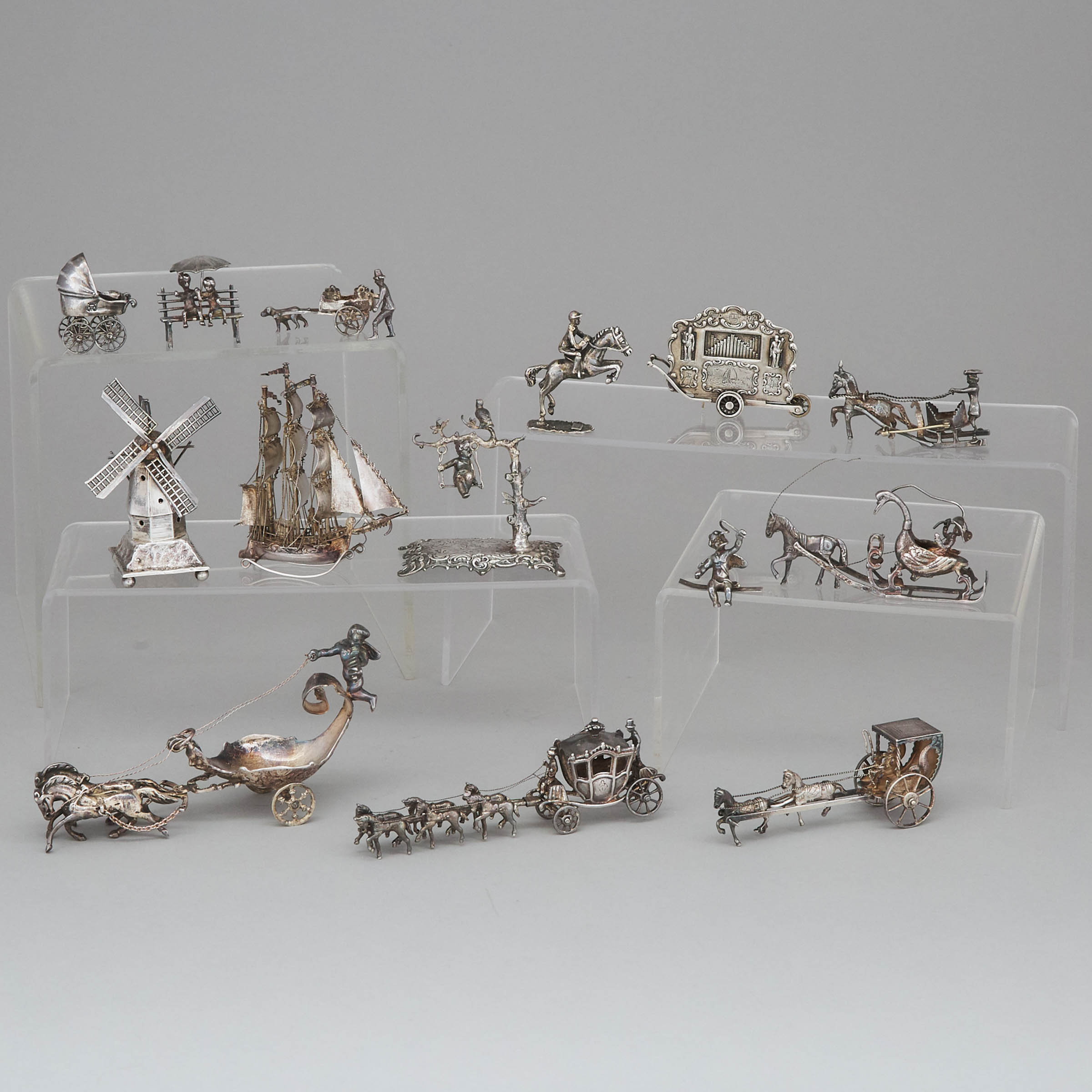 Collection of Thirteen Dutch Silver Miniature Figure and Novelty Groups, 20th Century
