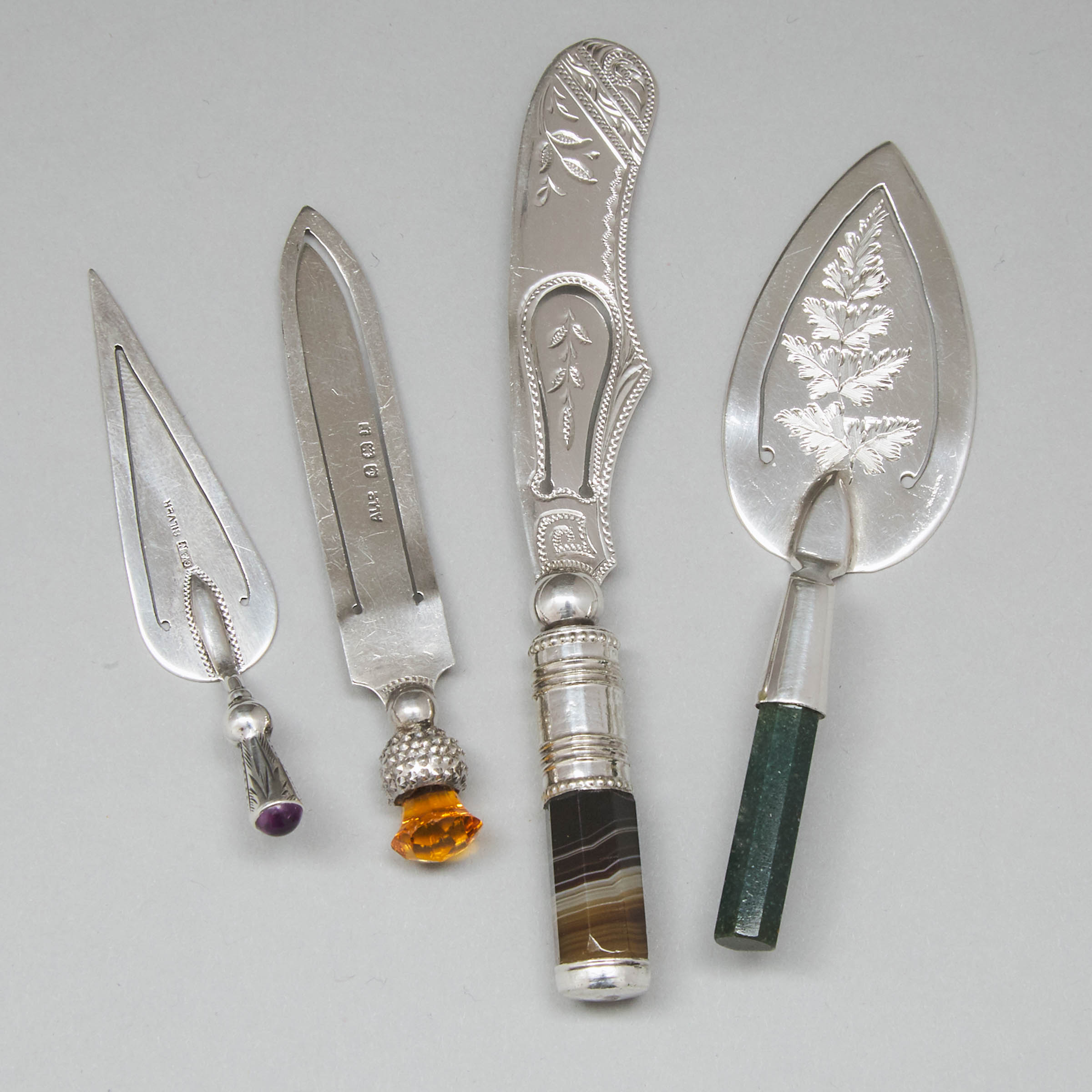Four Mainly Edwardian Hardstone, Amethyst and Citrine Mounted Silver Bookmarks, London and Birmingham, c.1898-1916