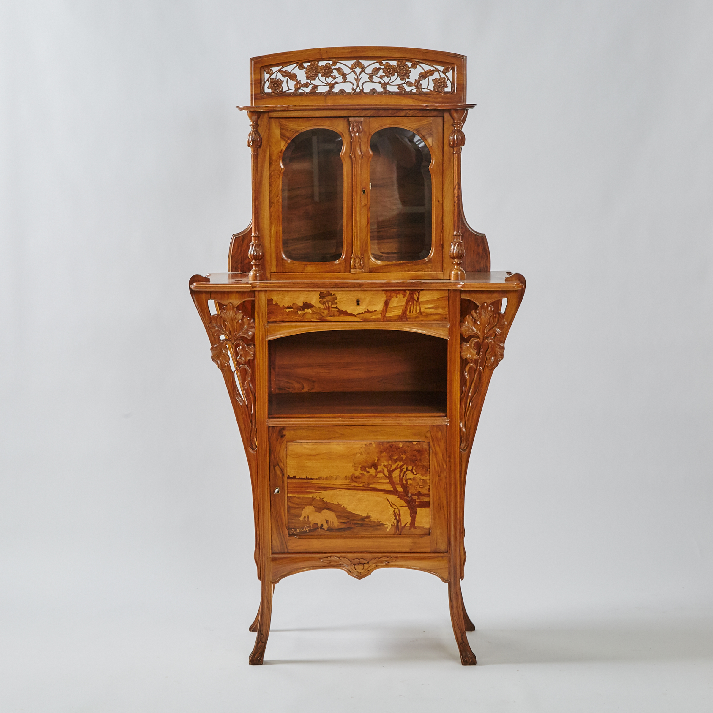 Émile Gallé French Art Nouveau Walnut and Fruitwood Marquetry Inlaid Étagère, 19th/early 20th century