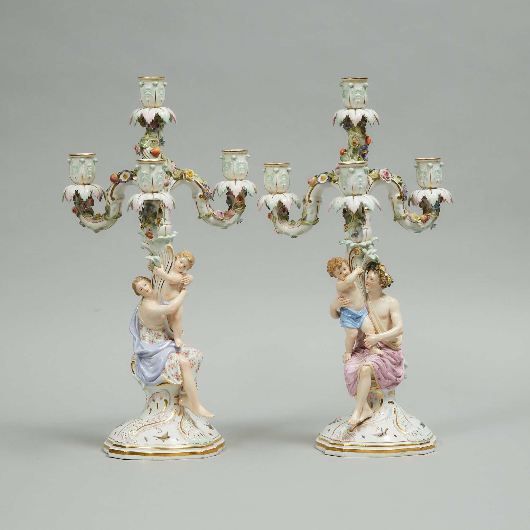 Pair of Meissen Venus and Bacchus Figural Three-Light Candelabra, late 19th century