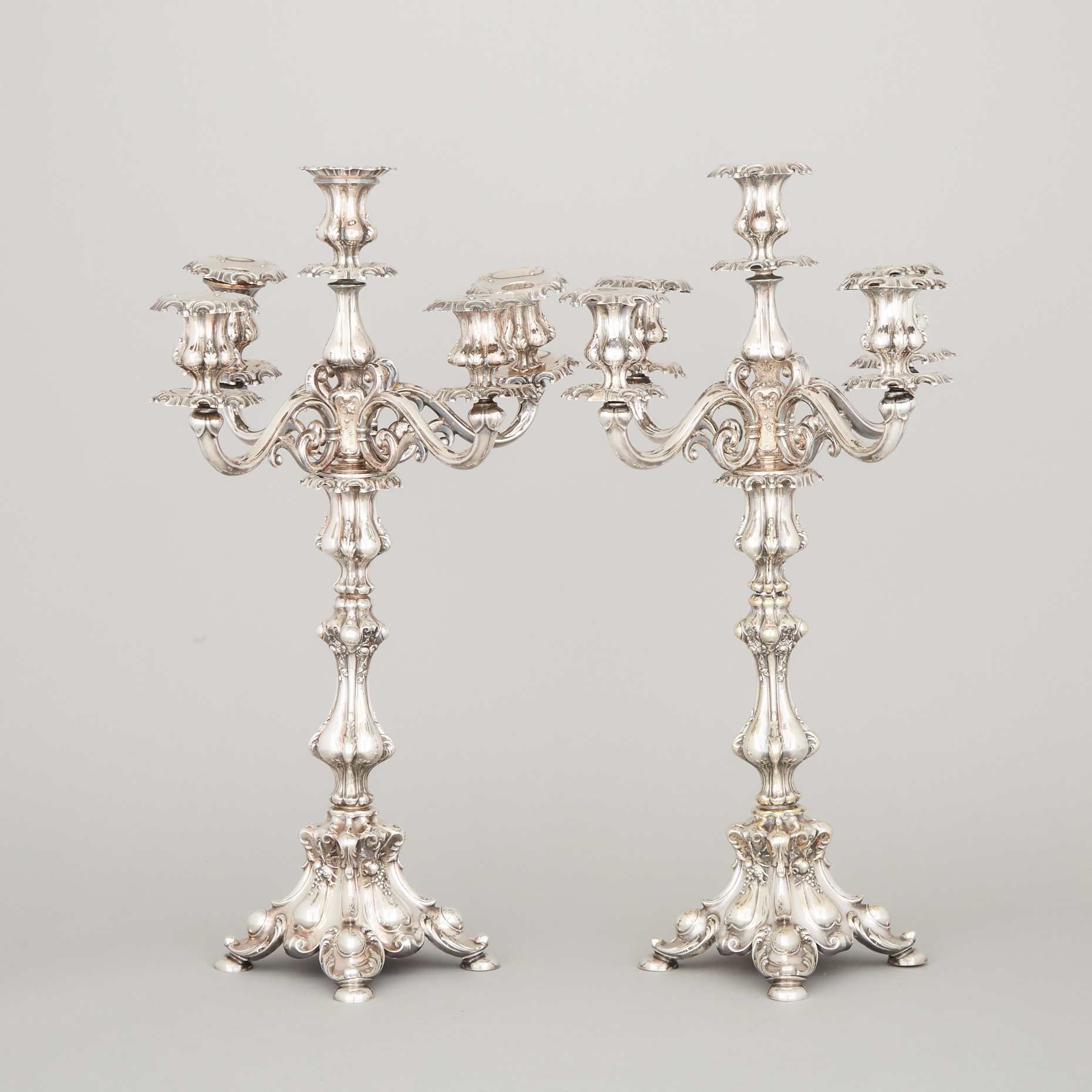 Pair of Continental Silver Plated Five-Light Candelabra, late 19th century
