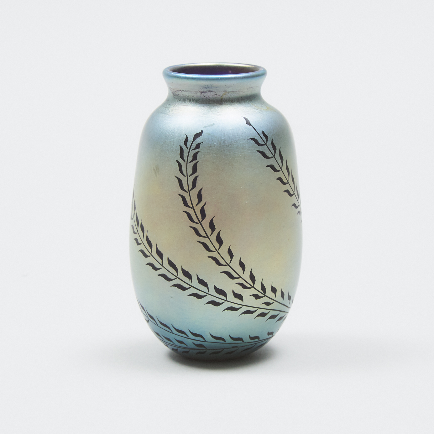 Charles Lotton (American, b.1935), Miniature Iridescent Glass Vase Engraved by Max Erlacher (Austrian, b.1933), 1975