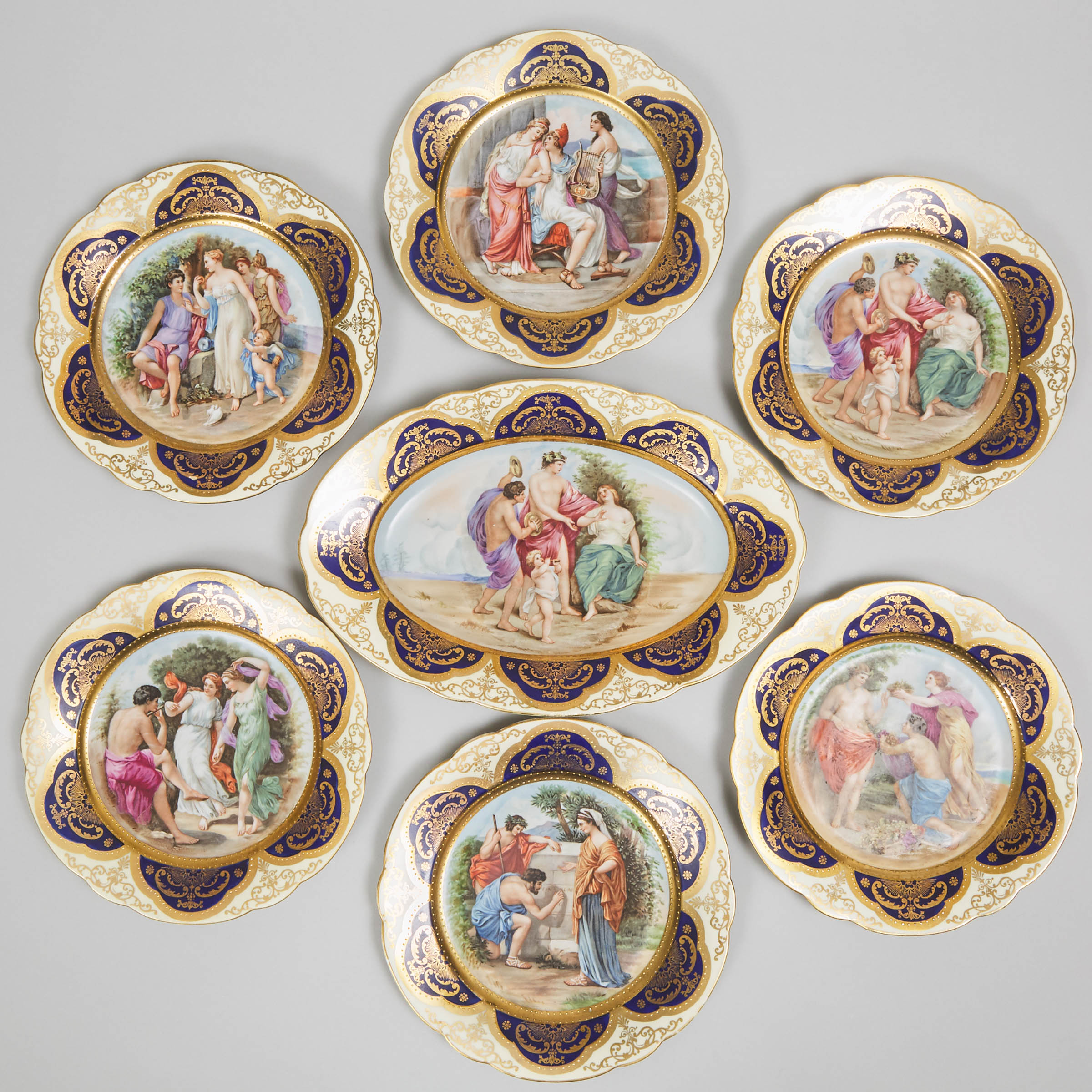 Six Pauly & Co., Venezia Vienna-Style Plates and an Oval Platter, early 20th century