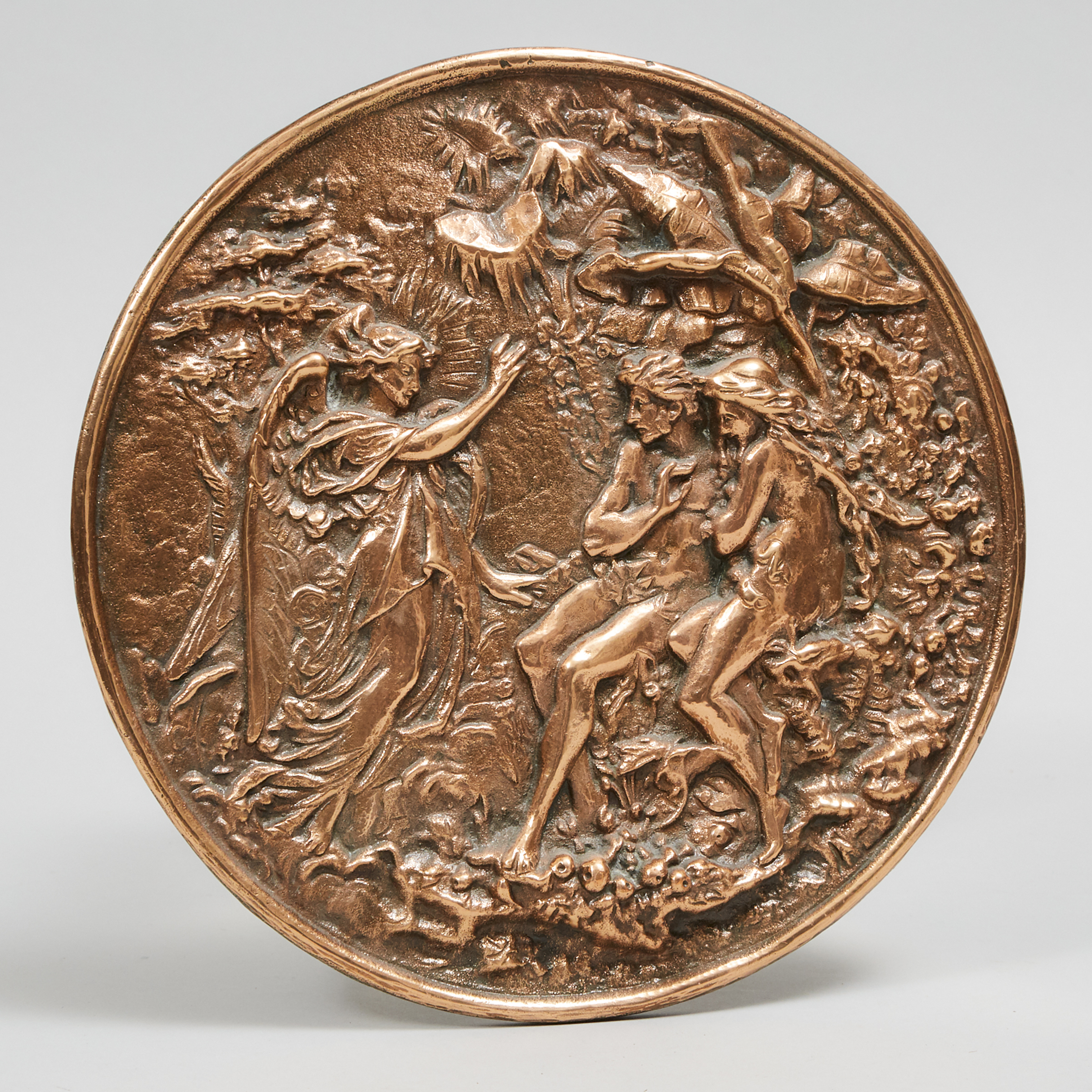 French Coppered Bronze Relief Plaque of Adam and Eve's Expulsion from the Garden of Eden, c.1900