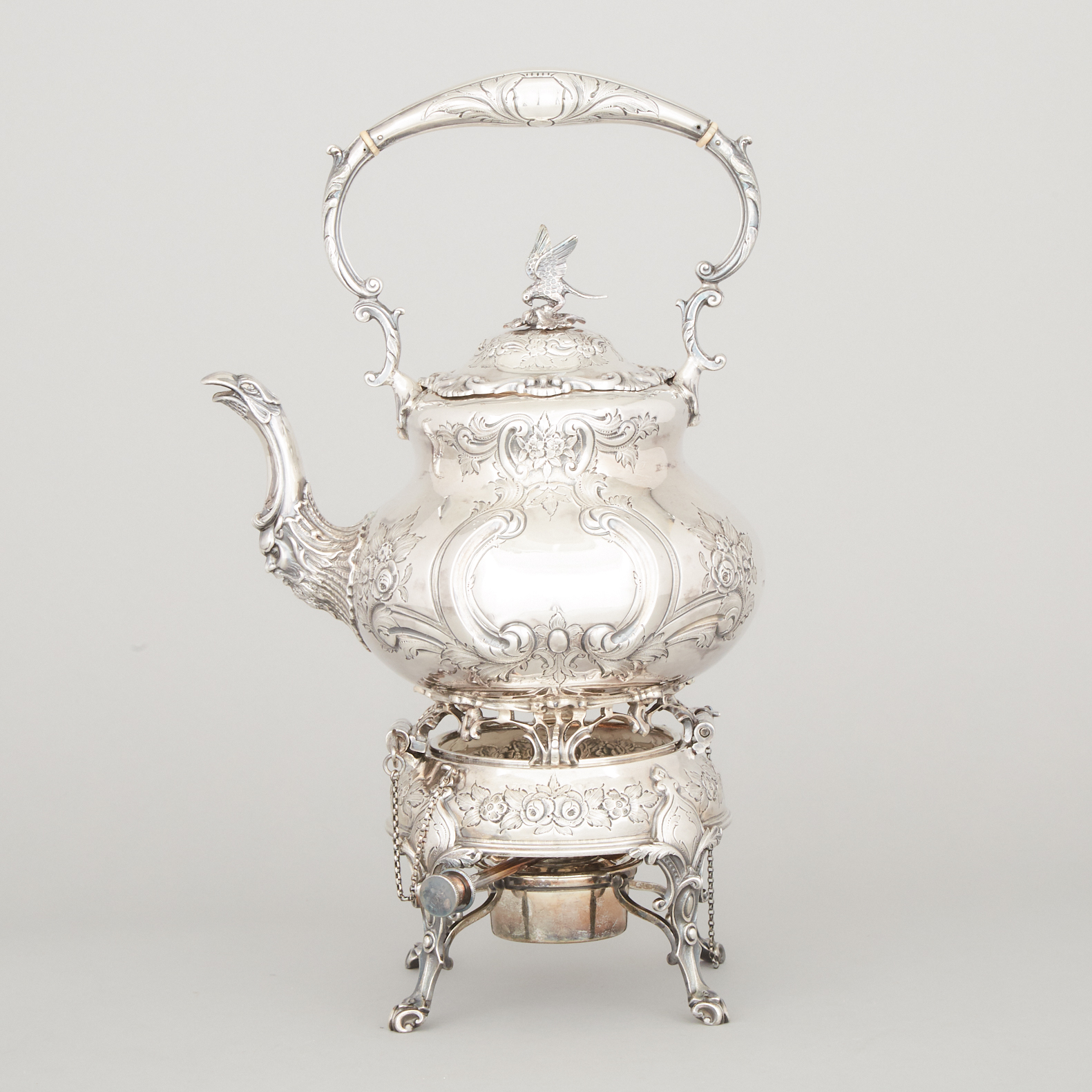 English Silver Tea Kettle on Lampstand, Goldsmiths & Silversmiths Co., London, 1912