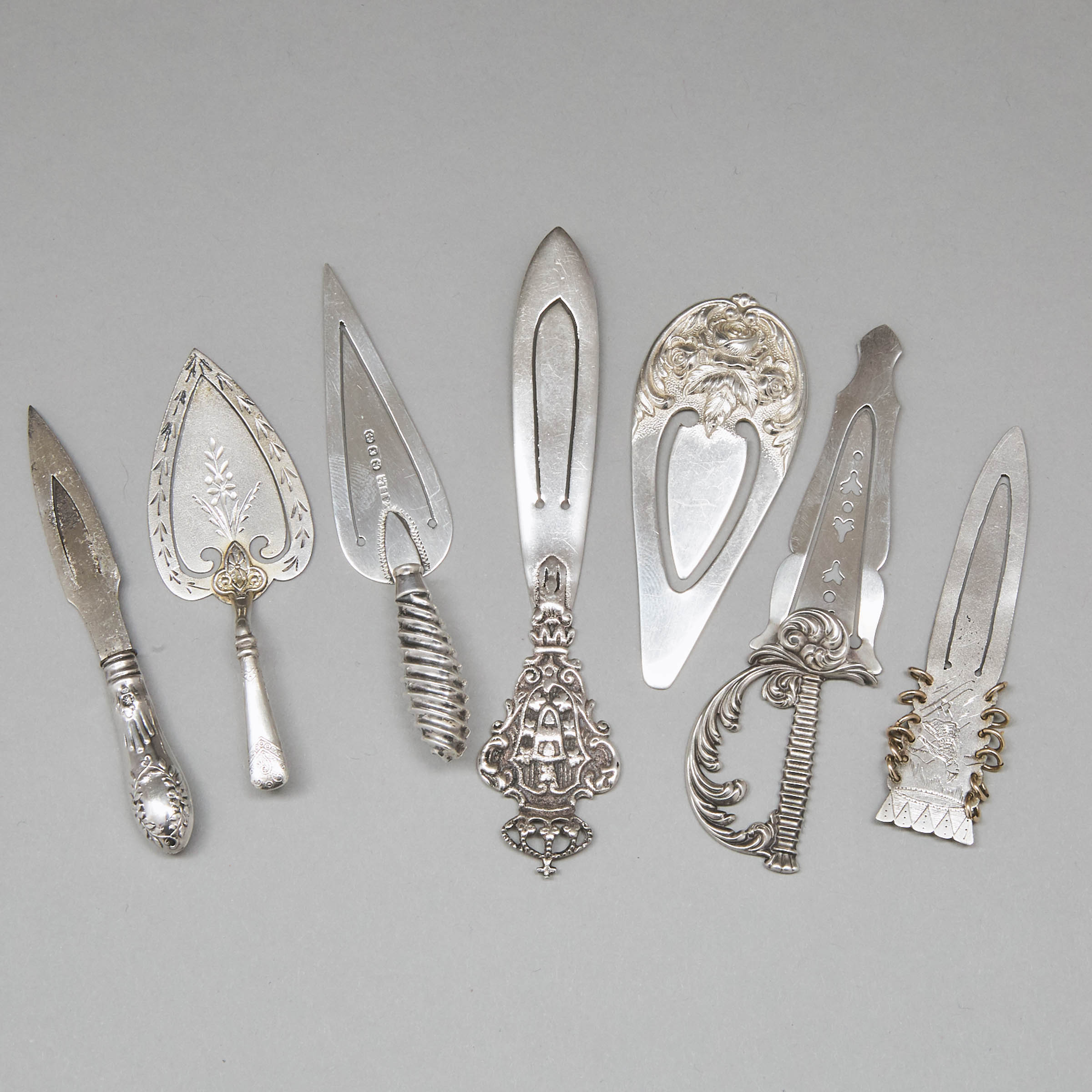 Seven Mainly North American, Scandinavian and Edwardian Silver Bookmarks, late 19th/early 20th century