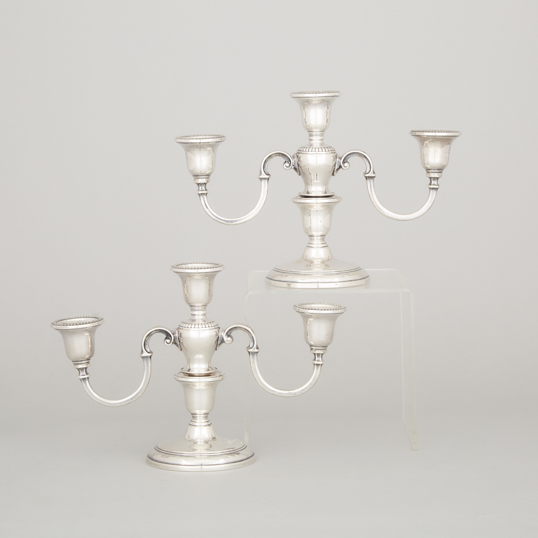 Pair of Canadian Silver Three-Light Candelabra, Henry Birks & Sons, Montreal, Que., 1955