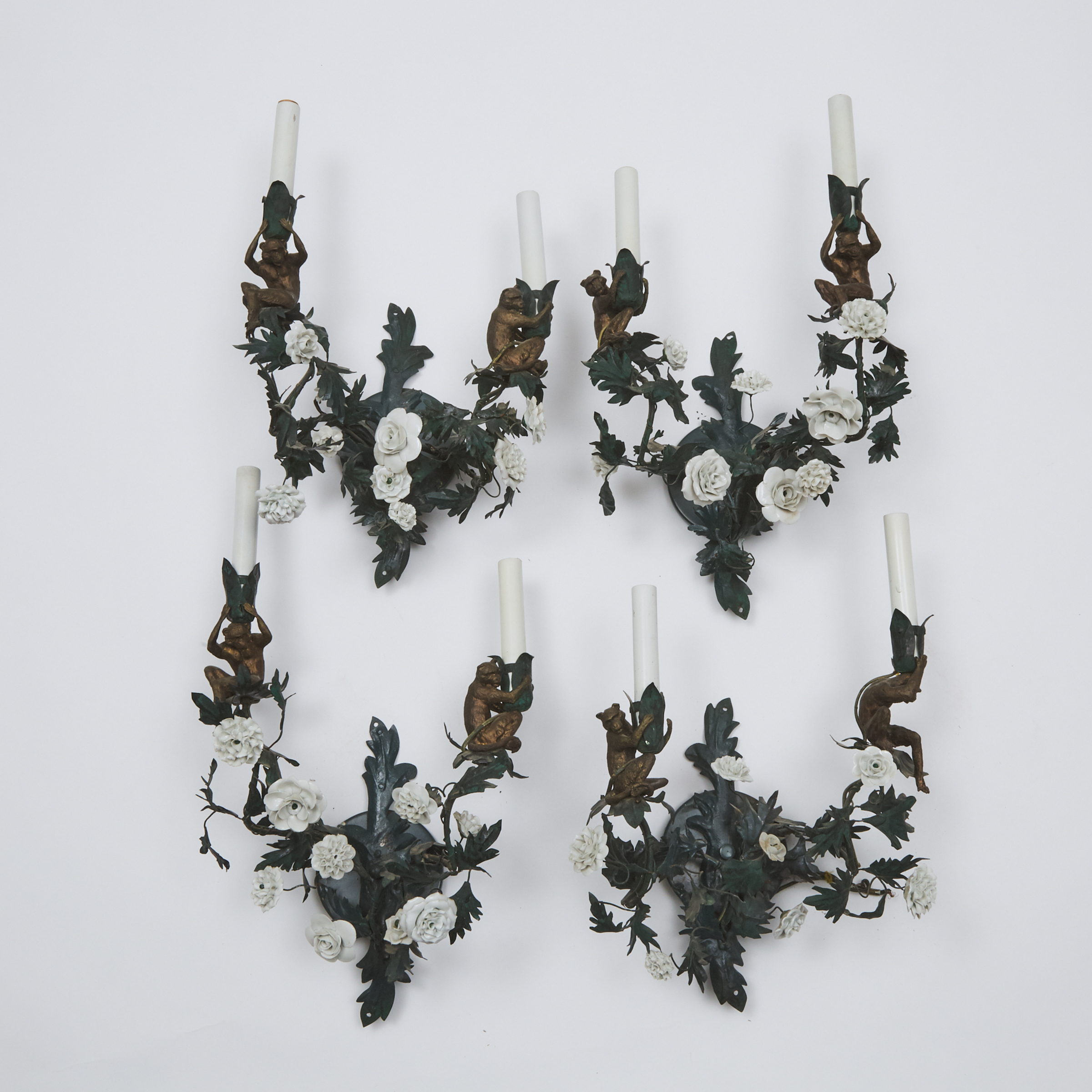 Set of Four French Porcelain and Ormolu Mounted Tôle Peinte Wall Sconces, mid 20th century
