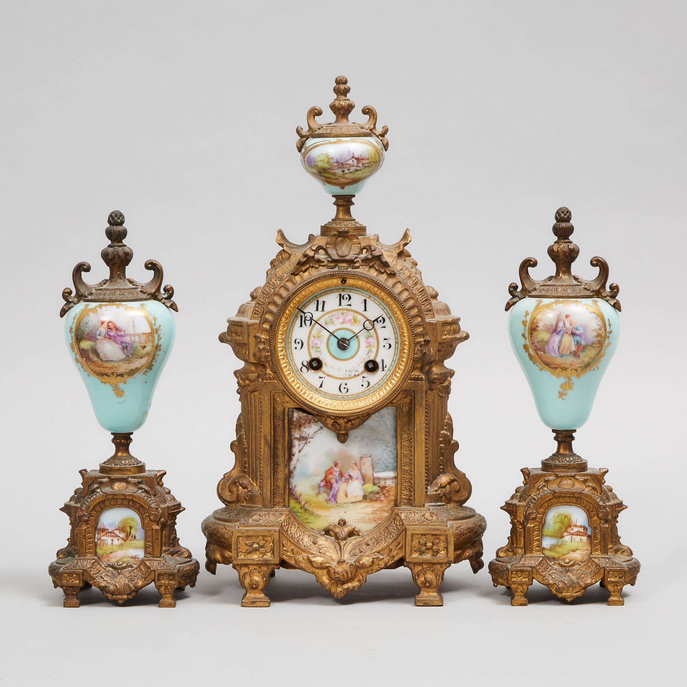 French 'Sevres' Porcelain Mounted Gilt Metal Three Piece Mantle Clock Garniture, c.1860