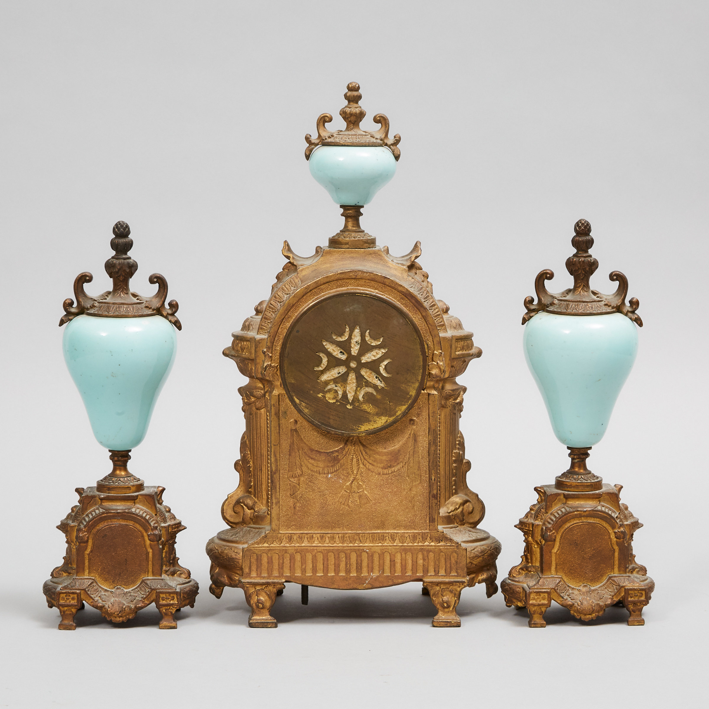 French 'Sevres' Porcelain Mounted Gilt Metal Three Piece Mantle Clock Garniture, c.1860