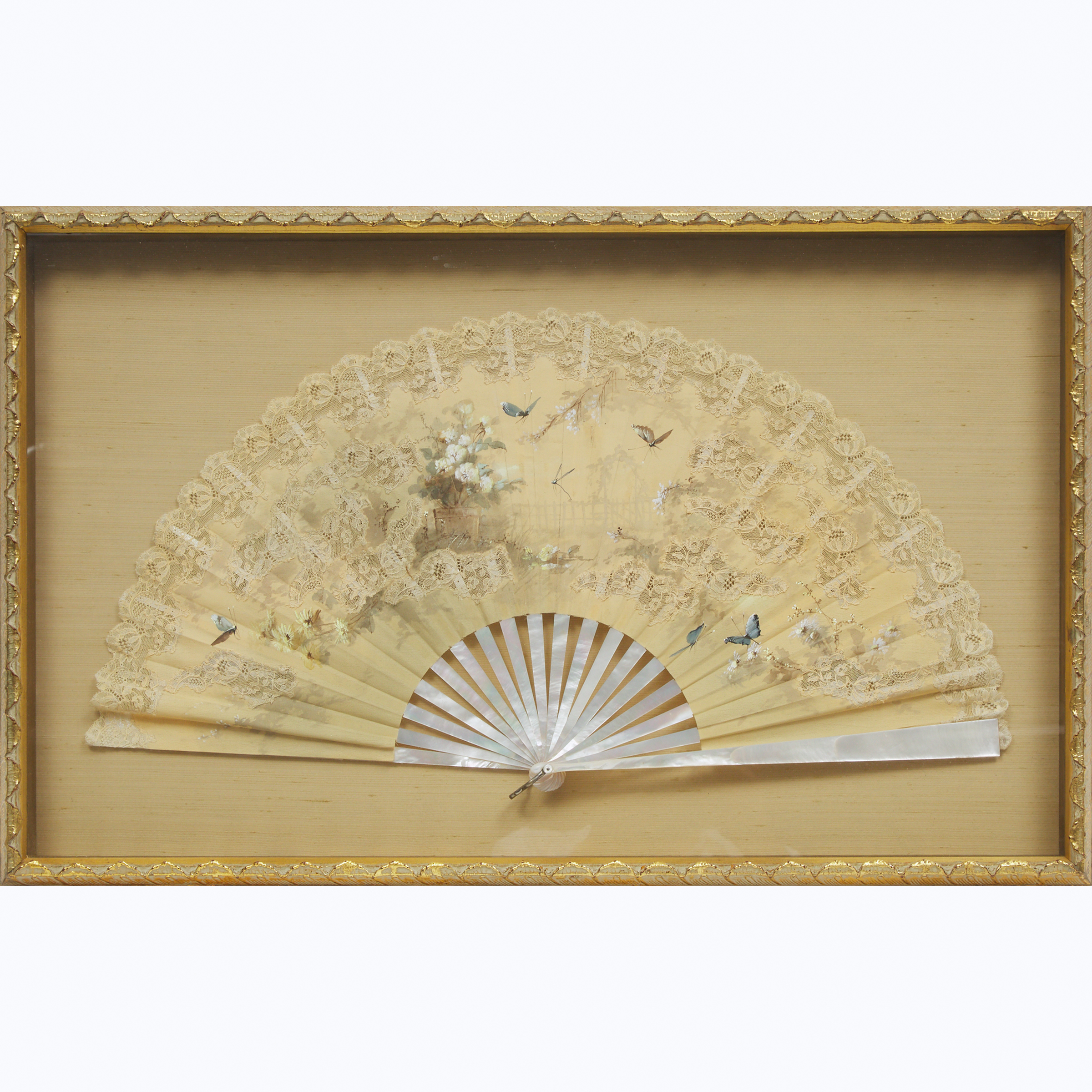 Frame Cased Large French Lace and Painted Silk Fan, early 20th century