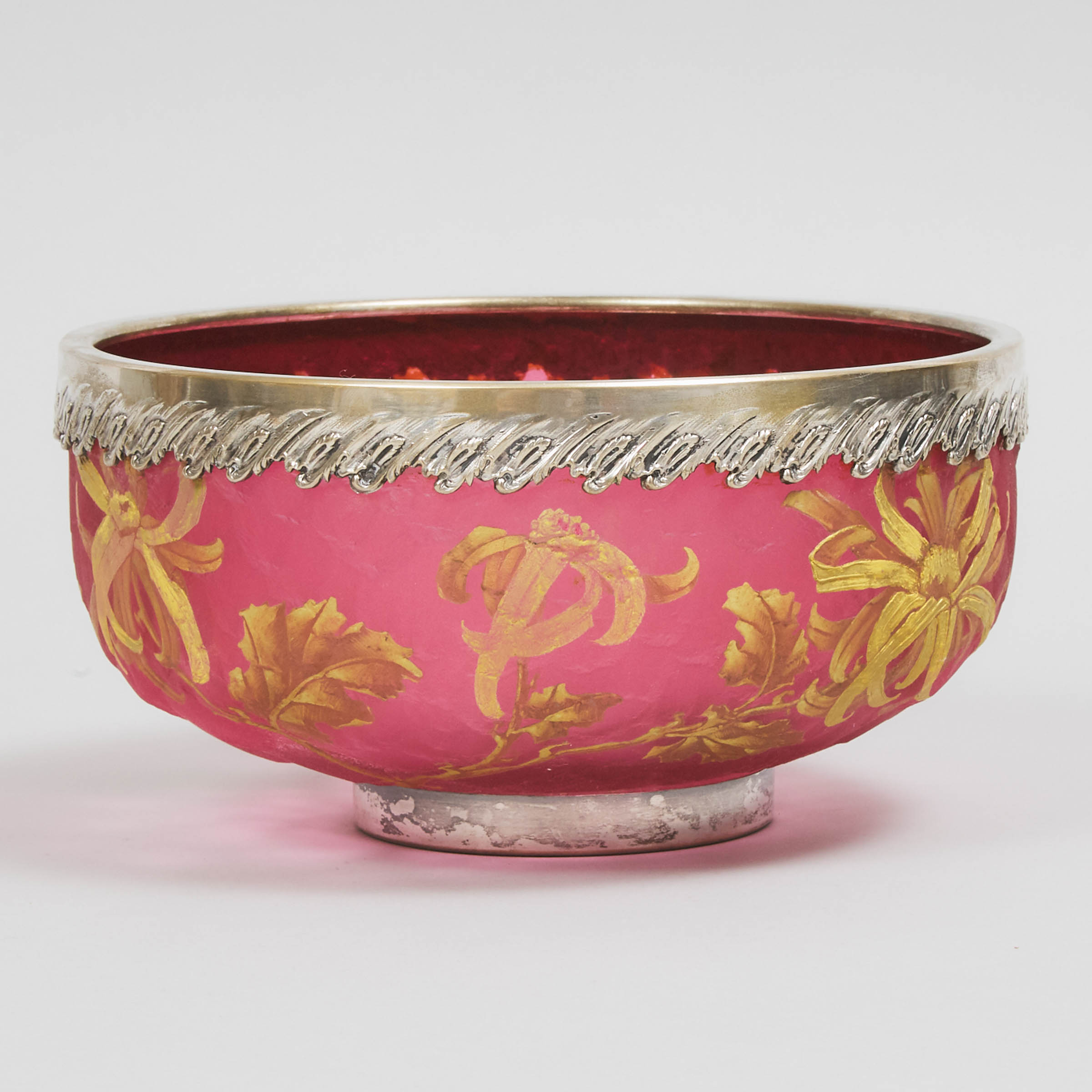 Victor Saglier Silvered Metal Mounted, Etched and Gilt Red Glass Bowl, c.1900