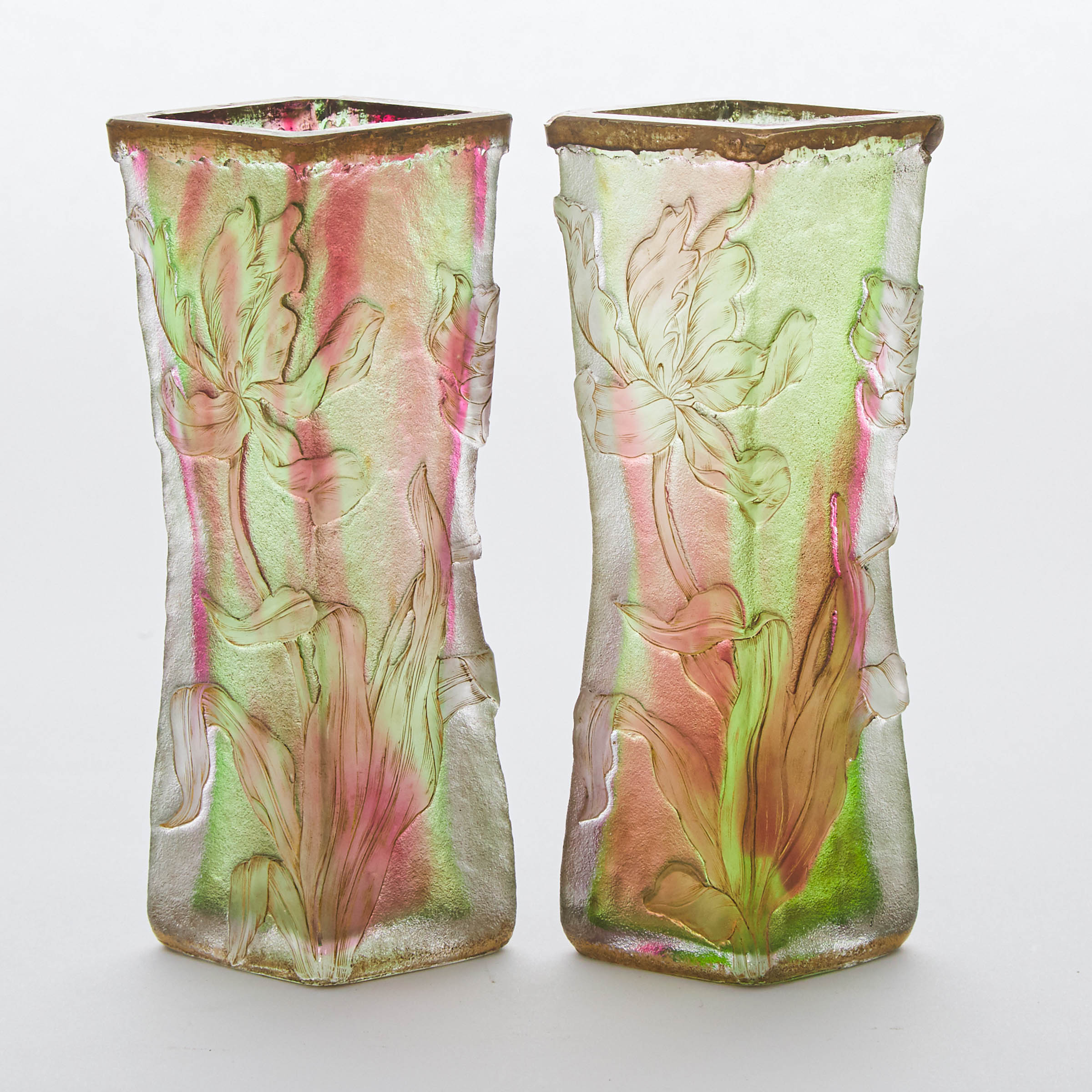 Pair of Daum Gilt Red and Green Cameo Glass Vases, c.1890