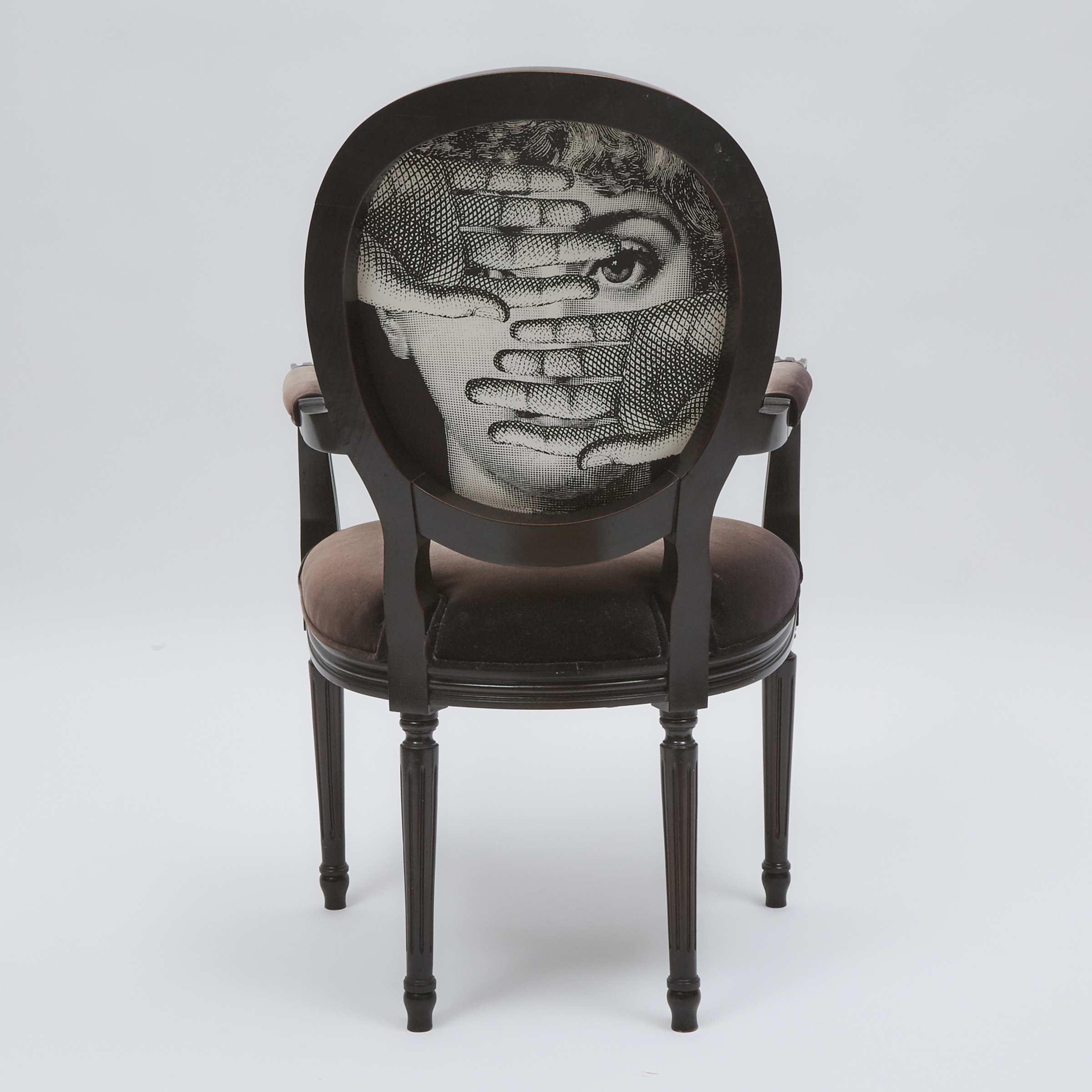 Louis XIV Style Ebonized Fauteuil with Fornasetti Upholstery, 20th century