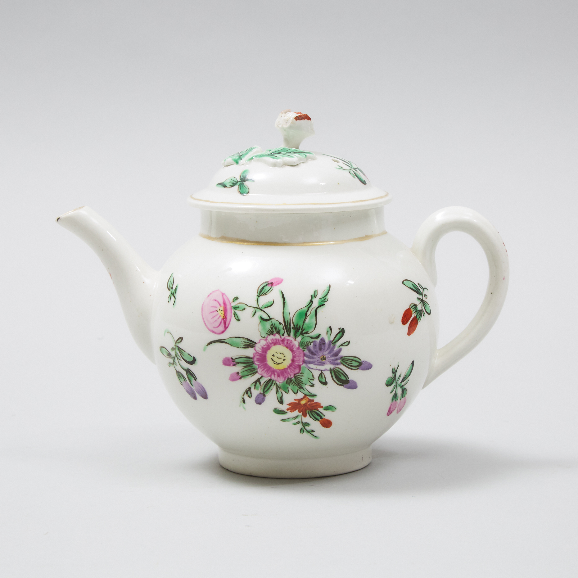 Worcester Polychrome Floral Decorated Globular Teapot and Cover, c.1775