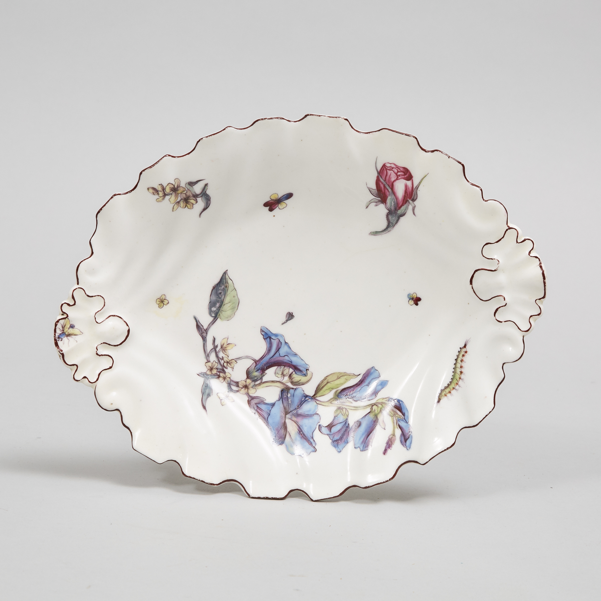 Chelsea Flowers and Insects Painted Shaped and Moulded Oval Dish, c.1750-55
