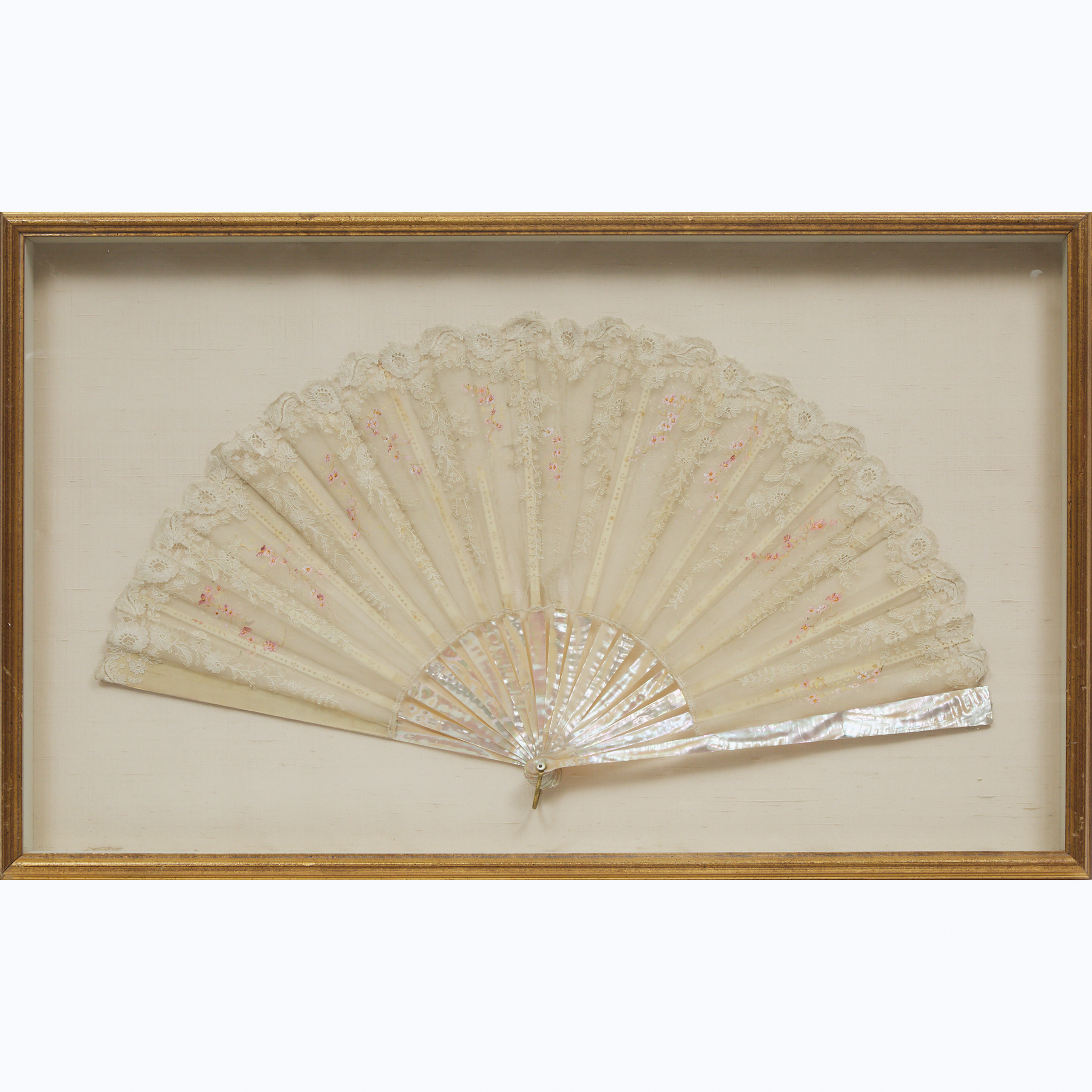 Frame Cased Large French Painted Lace Fan, late 19th/early 20th century