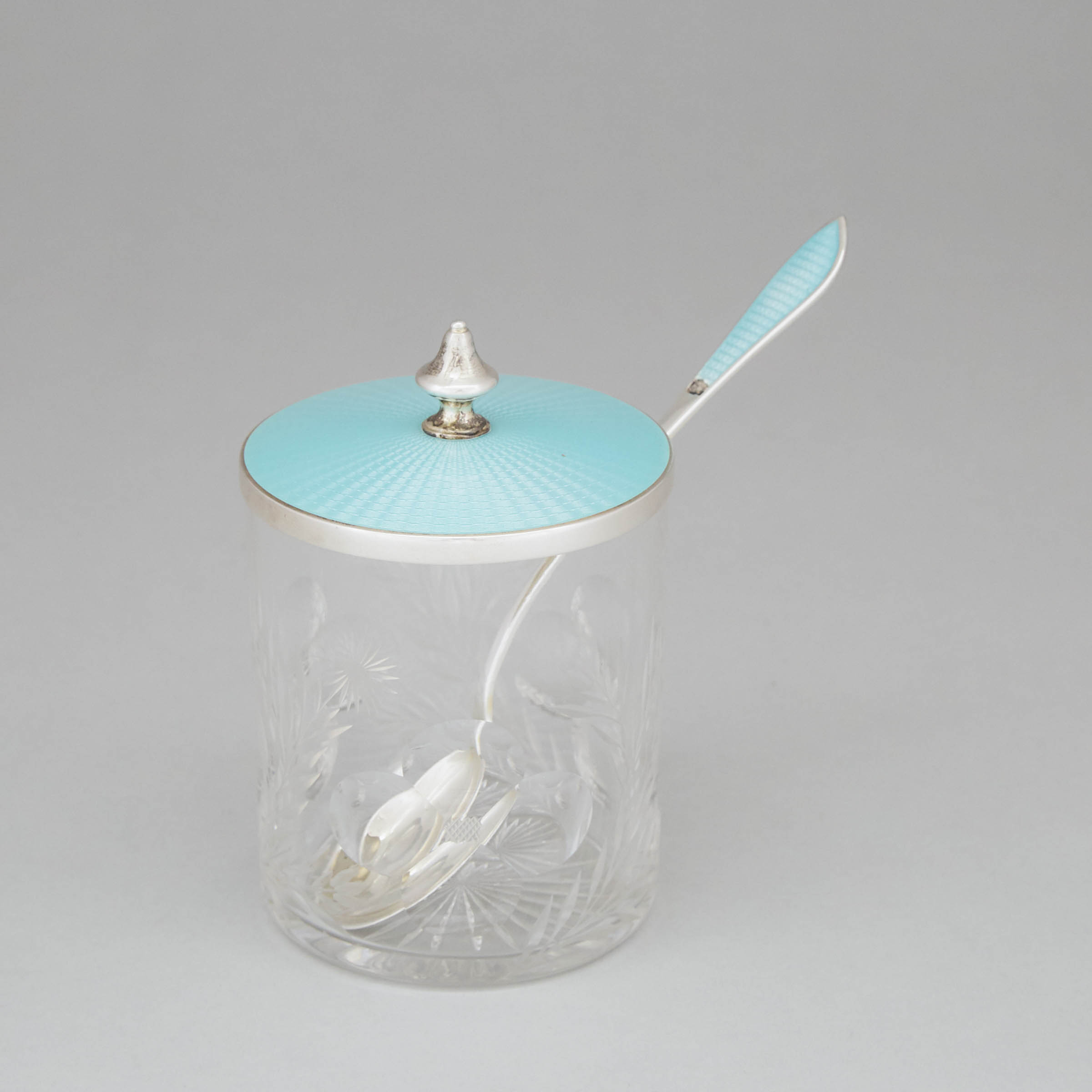 Guilloche Enameled Silver Covered Cut Glass Preserve Jar with Spoon, probably Russian, 20th century