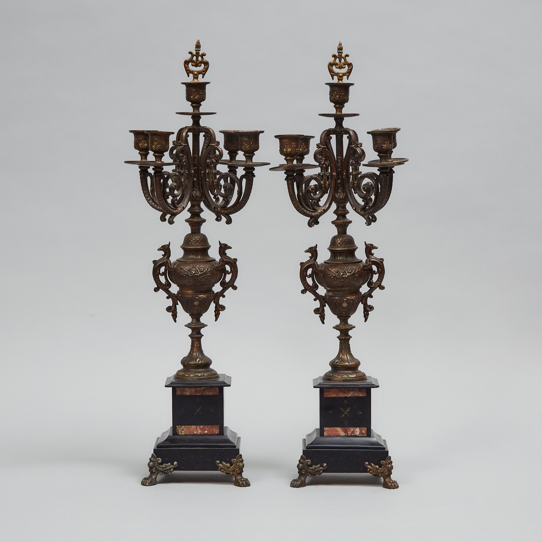 Pair of French Aesthetic Movement Black Belgian Marble and Gilt Metal Mantle Candelabra, c.1880