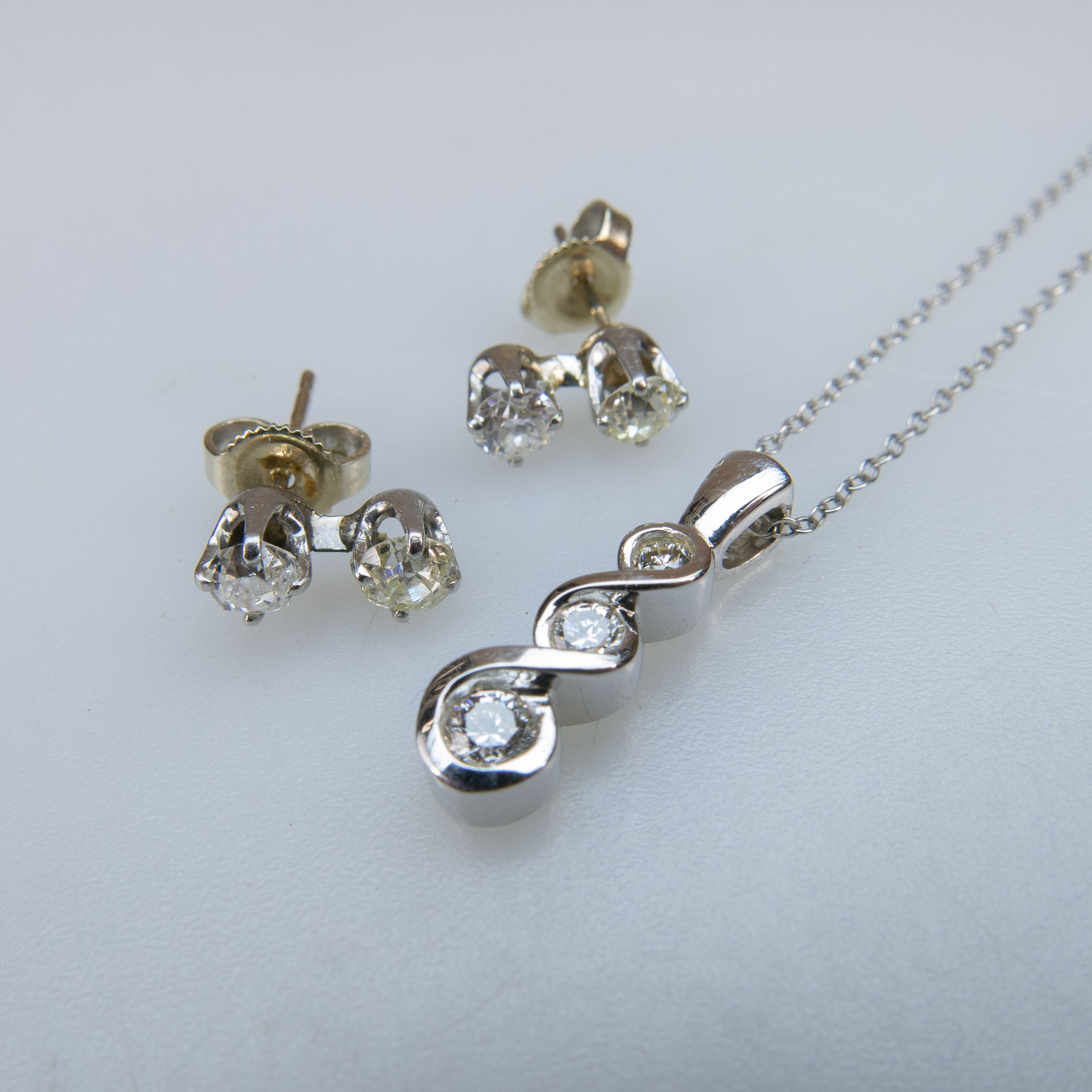 14k White Gold Chain, Pendant, And Pair Of Stud Earrings
