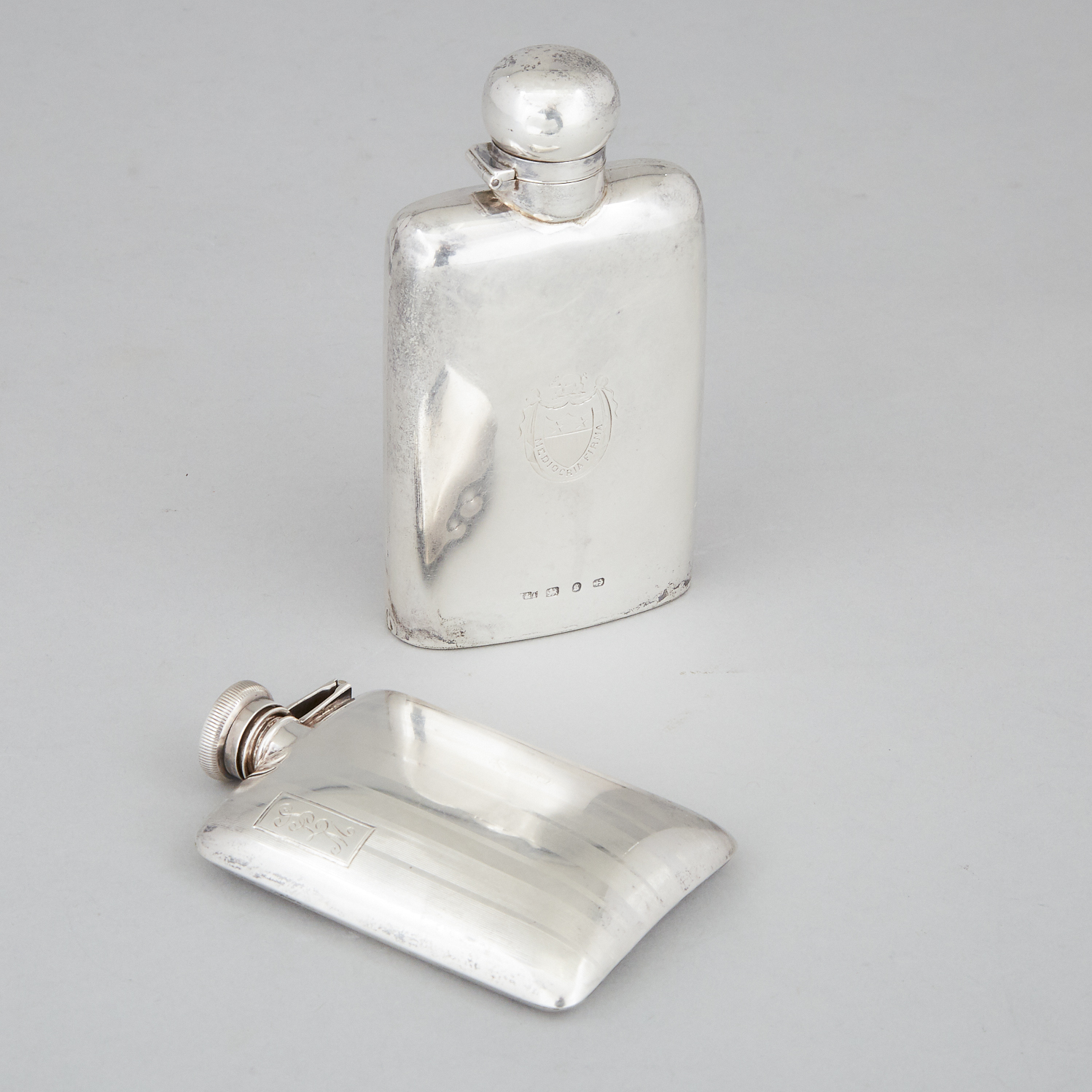 Late Victorian Silver Spirit Flask, Hilliard & Thomason, Birmingham, 1892, and a Smaller American Flask, Webster Co., North Attleboro, Mass., early 20th century