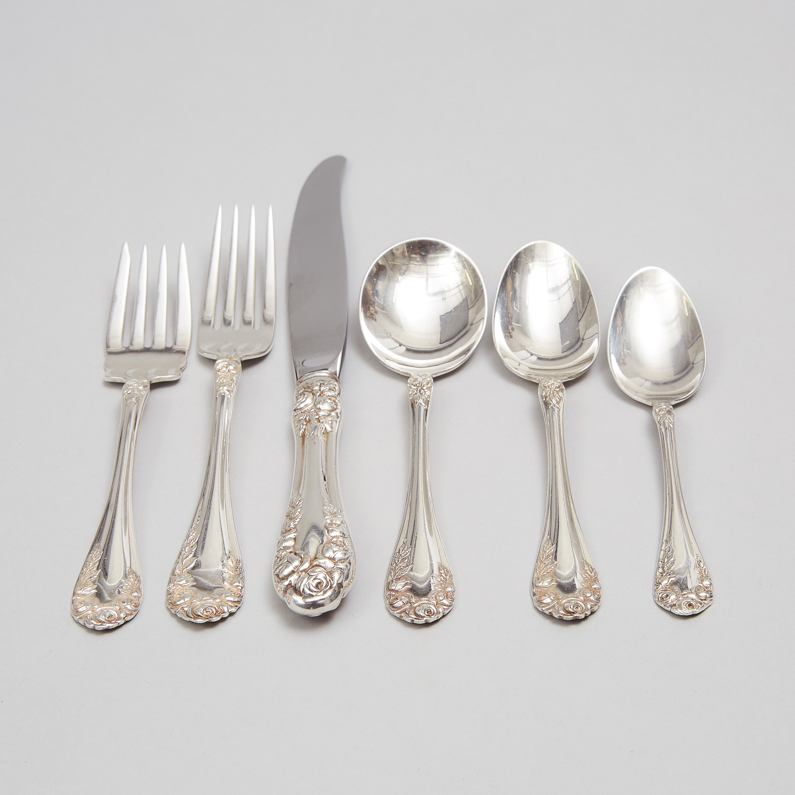 American Silver 'Normandy Rose' Pattern Flatware Service, Northumbria Silver Co., 20h century