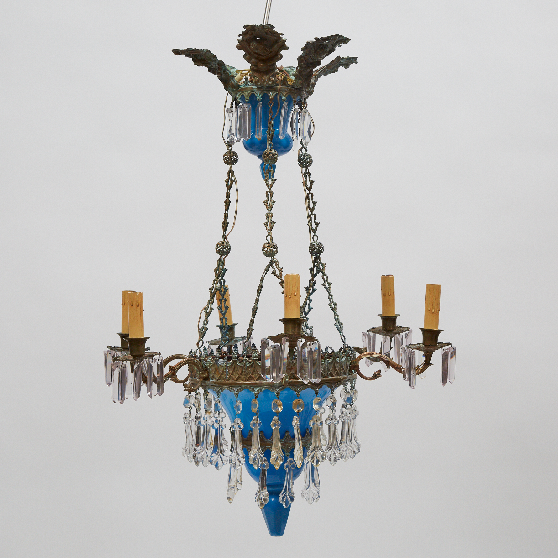 Continental Blue Glass and Pressed Brass Six Light Chandelier, early 20th century