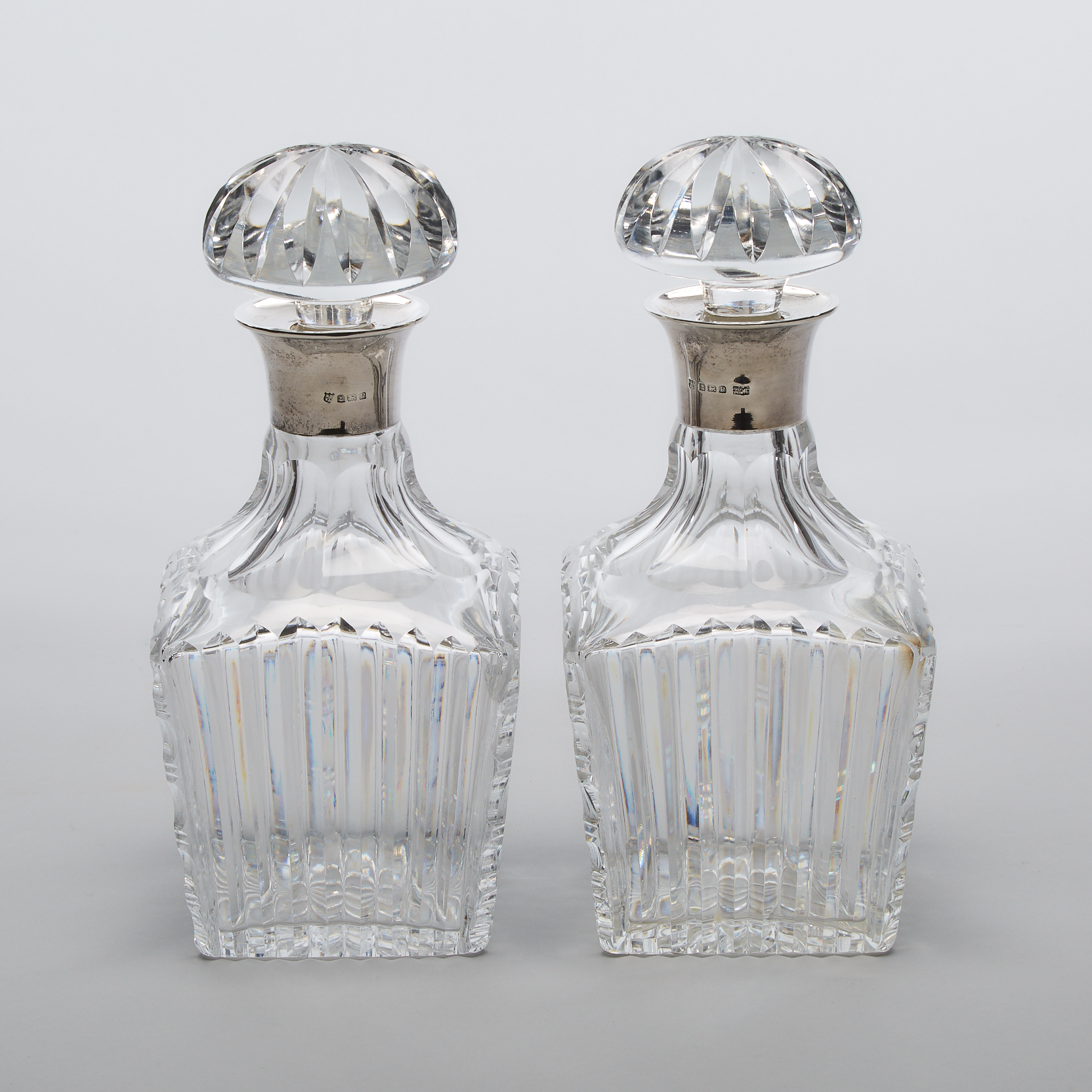 Pair of English Silver Mounted Cut Glass Decanters, Barker Brothers, Birmingham, 1939