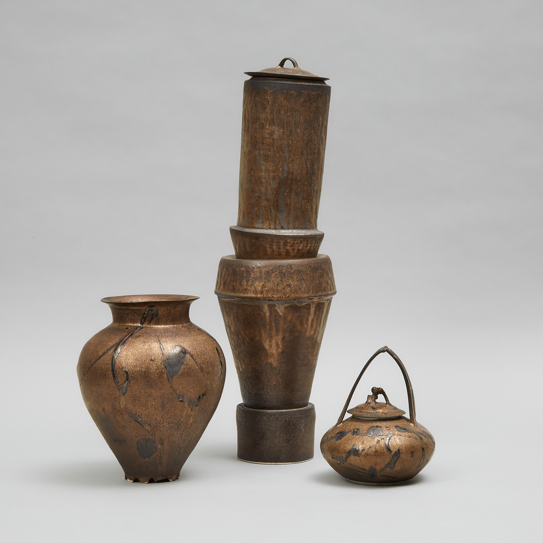 Kayo O'Young (Canadian, b.1950), Two Bronze Glazed Vases and a Covered Jar, 1994/2003