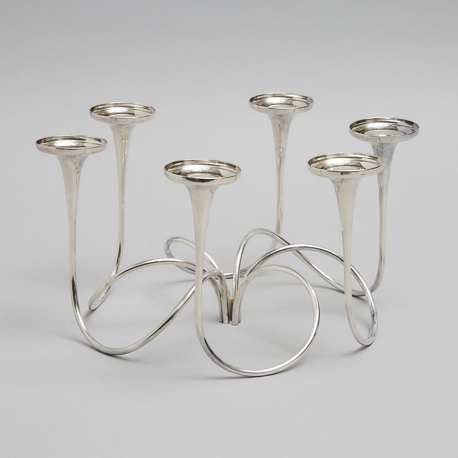 Three American Silver Two-Light ‘Fountain’ Candelabra, Gorham Mfg. Co., Providence, R.I., 1960s