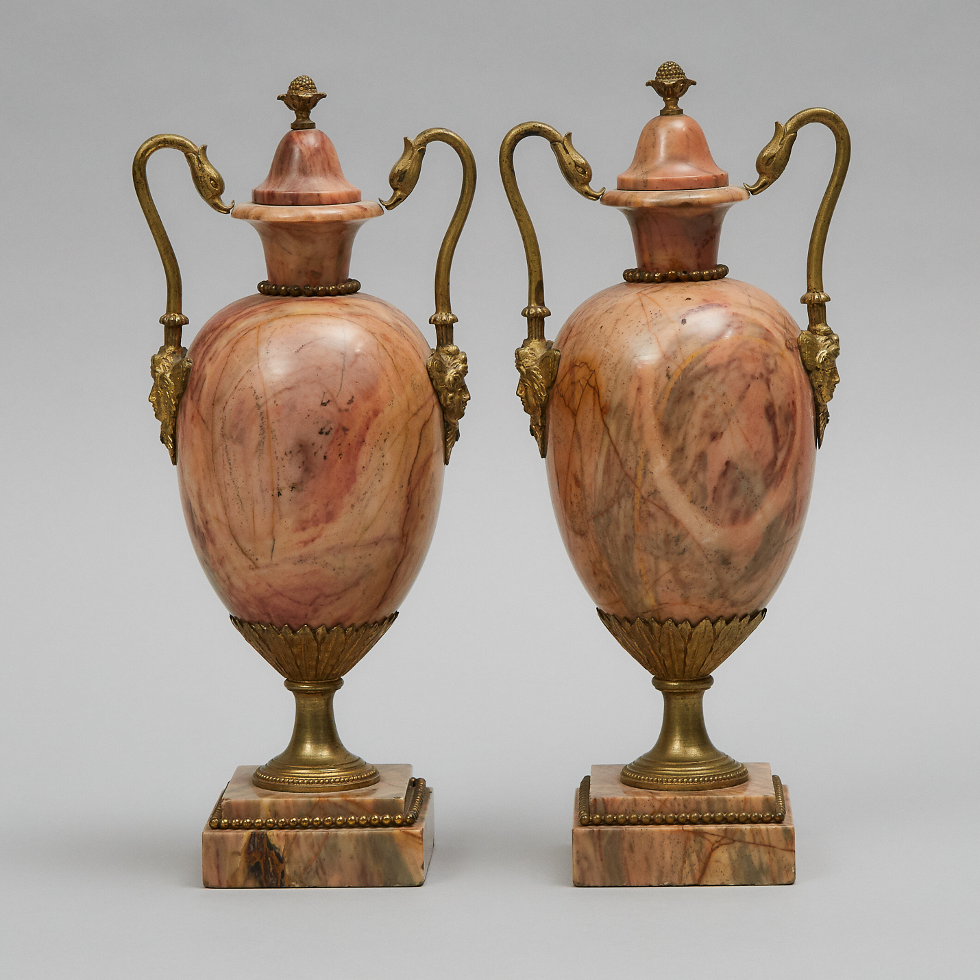 Pair of French Ormolu Mounted Pink Marble Mantel Urns, c.1900