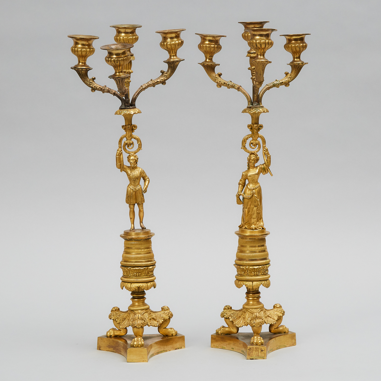 Pair of French Empire Gilt Bronze Figural Candlesticks, c.1830