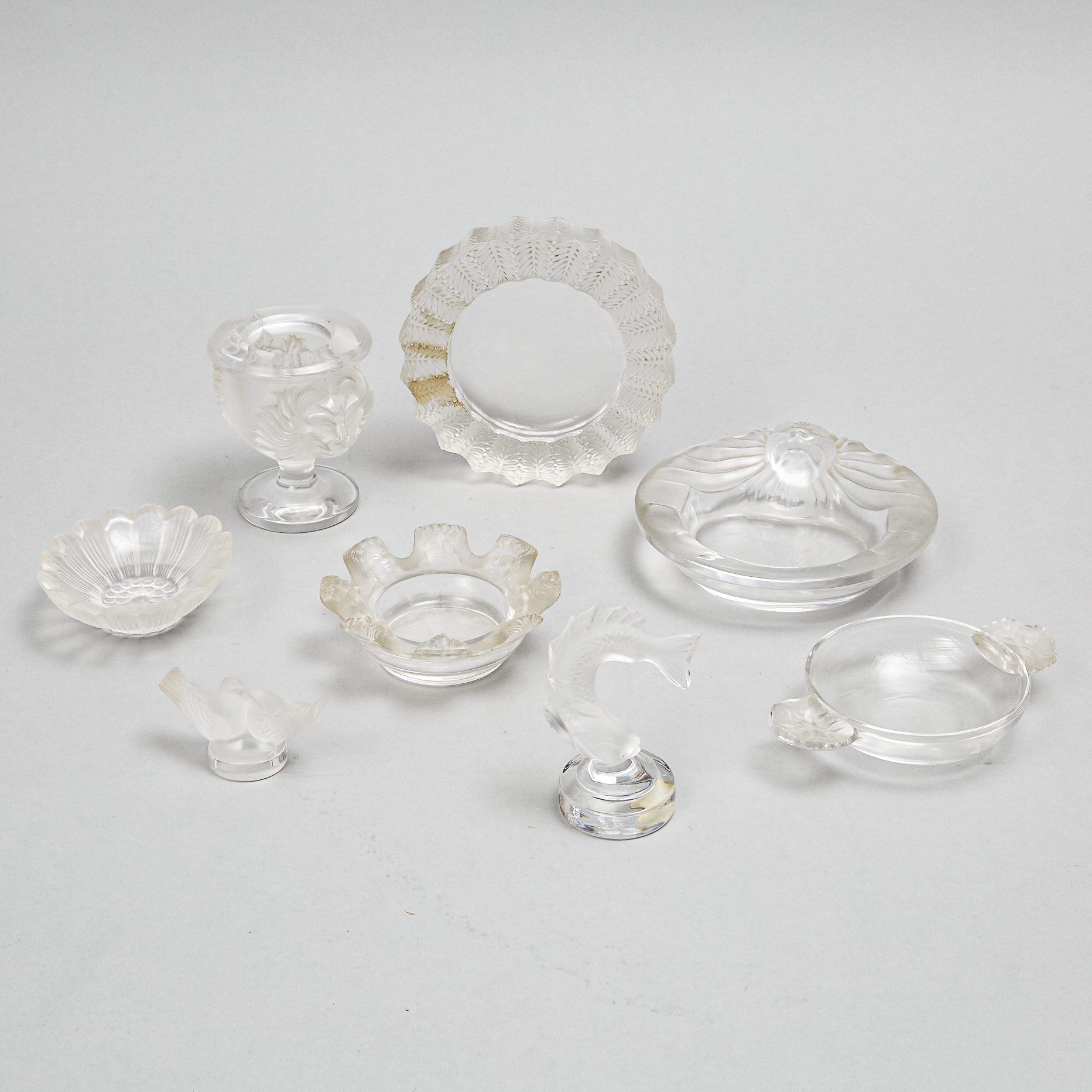 Group of Lalique Moulded and Frosted Glass Articles, 20th century