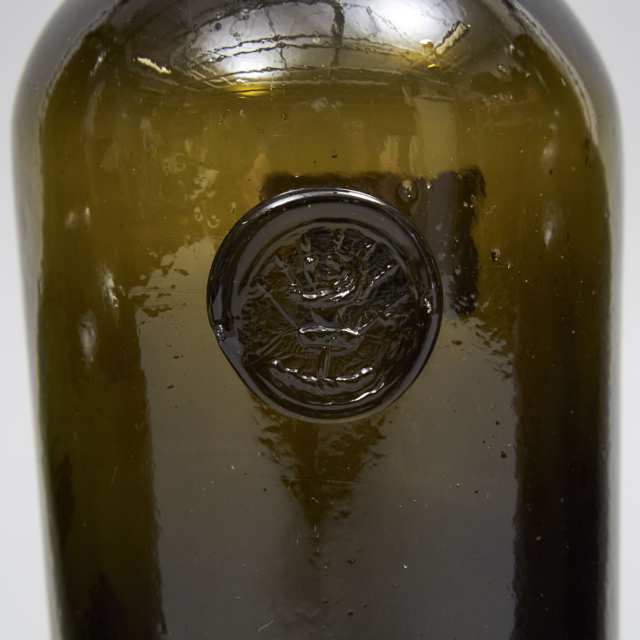 English Green Glass Applied Seal Wine Bottle with Crest and Three Others, 18th/early 19th century